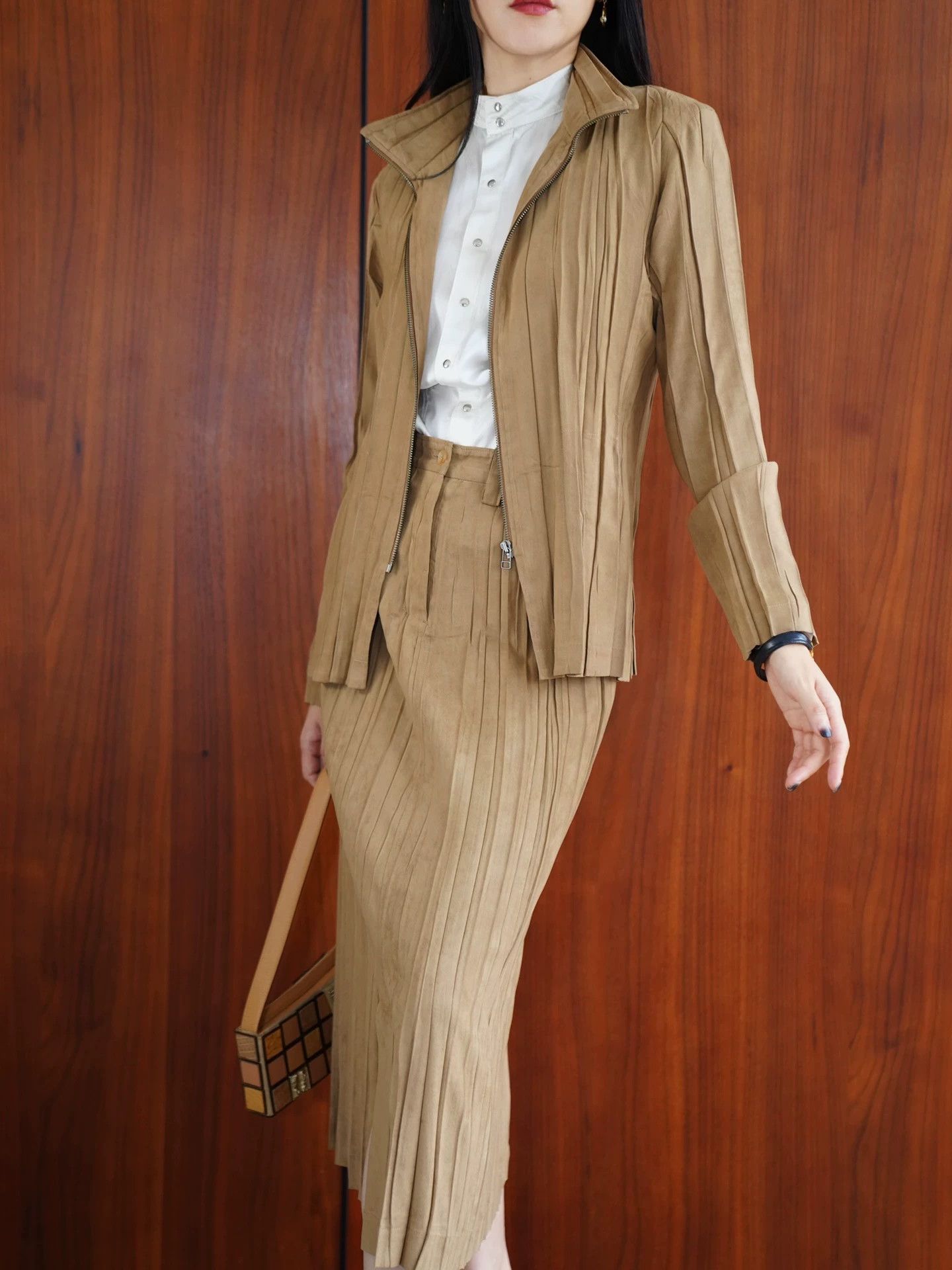 Issey Miyake Issey Miyake 90s Tan Pleated Faux Suede Jacket Skirt Set Size XS / US 0-2 / IT 36-38 - 8 Thumbnail
