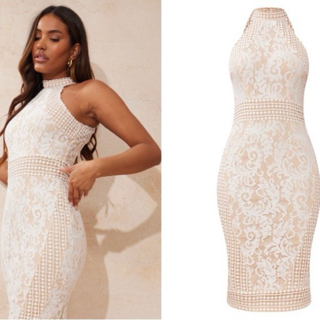 Zara White Lace Halter Bodycon Dress Size S / US 4 / IT 40 - 5 Thumbnail