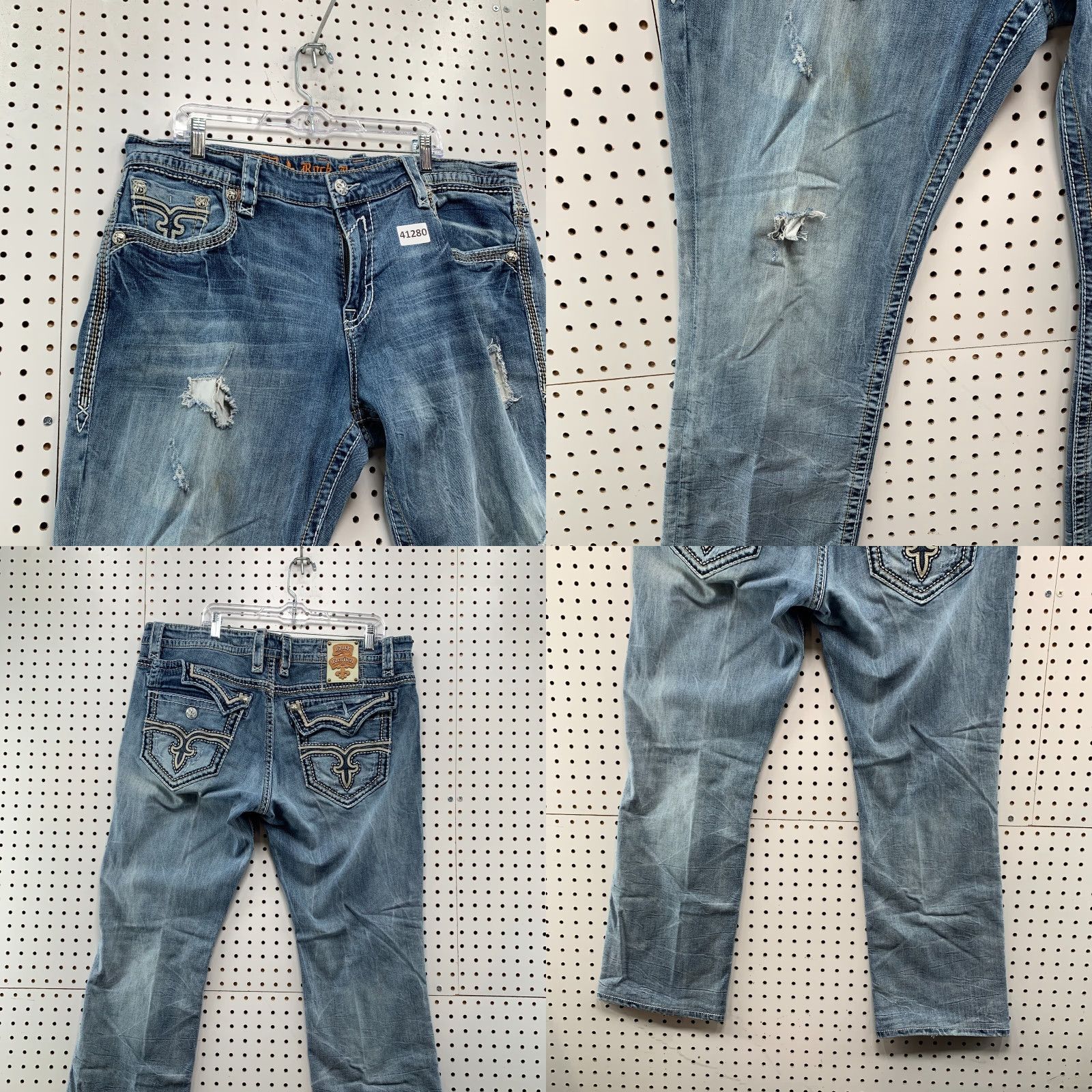 VINTAGE Rock Revival Denim Jeans Mens 42x31 Blue Distressed Straight Y2K Embroidered