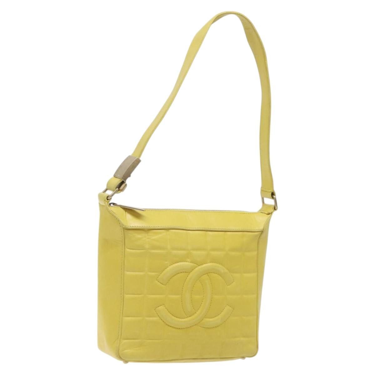 Chanel Choco Bar Coco Mark Shoulder Bag Lamb Skin Yellow Cc Auth Gh066, Women's