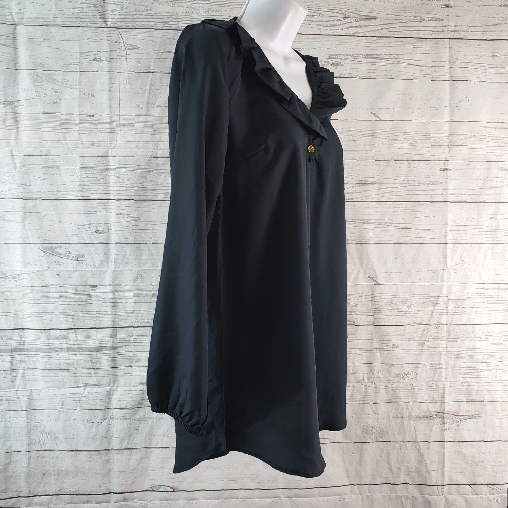Vintage Mud Pie Blouse Tunic Womens XS Solid Black Long Sleeve Ruffle Neck Size XS / US 0-2 / IT 36-38 - 3 Thumbnail