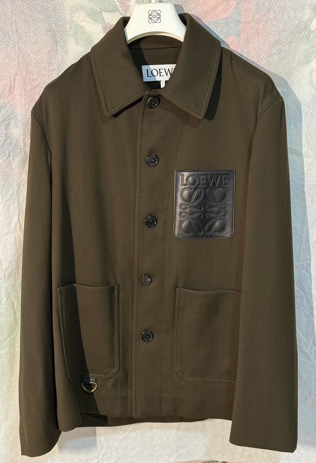 Image of Loewe Anagram Leather Patch Workwear Jacket in Green, Men's (Size Small)