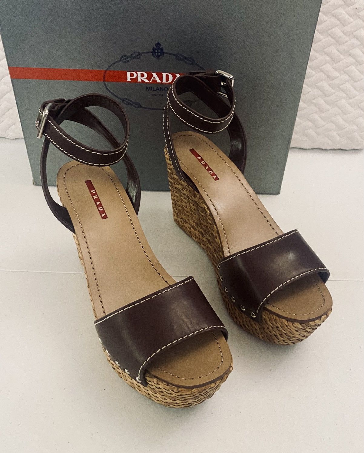 Prada Prada Brown Leather Wicker Wedge Sandals 3XZ175 10 US NEW Size US 10 / IT 40 - 13 Thumbnail