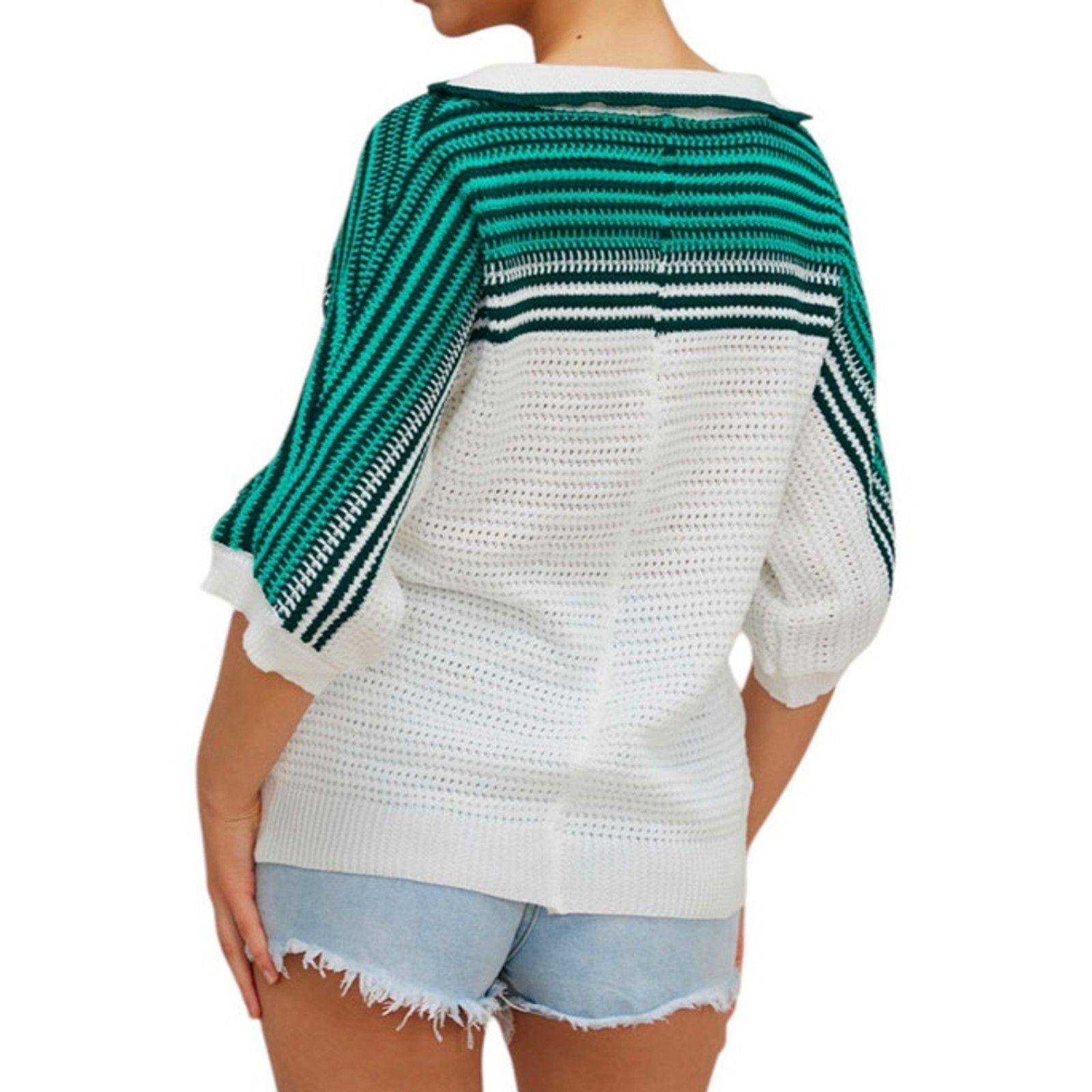 Other White Green Black Contrast Crochet Short Sleeve Sweater Top Size S / US 4 / IT 40 - 3 Thumbnail