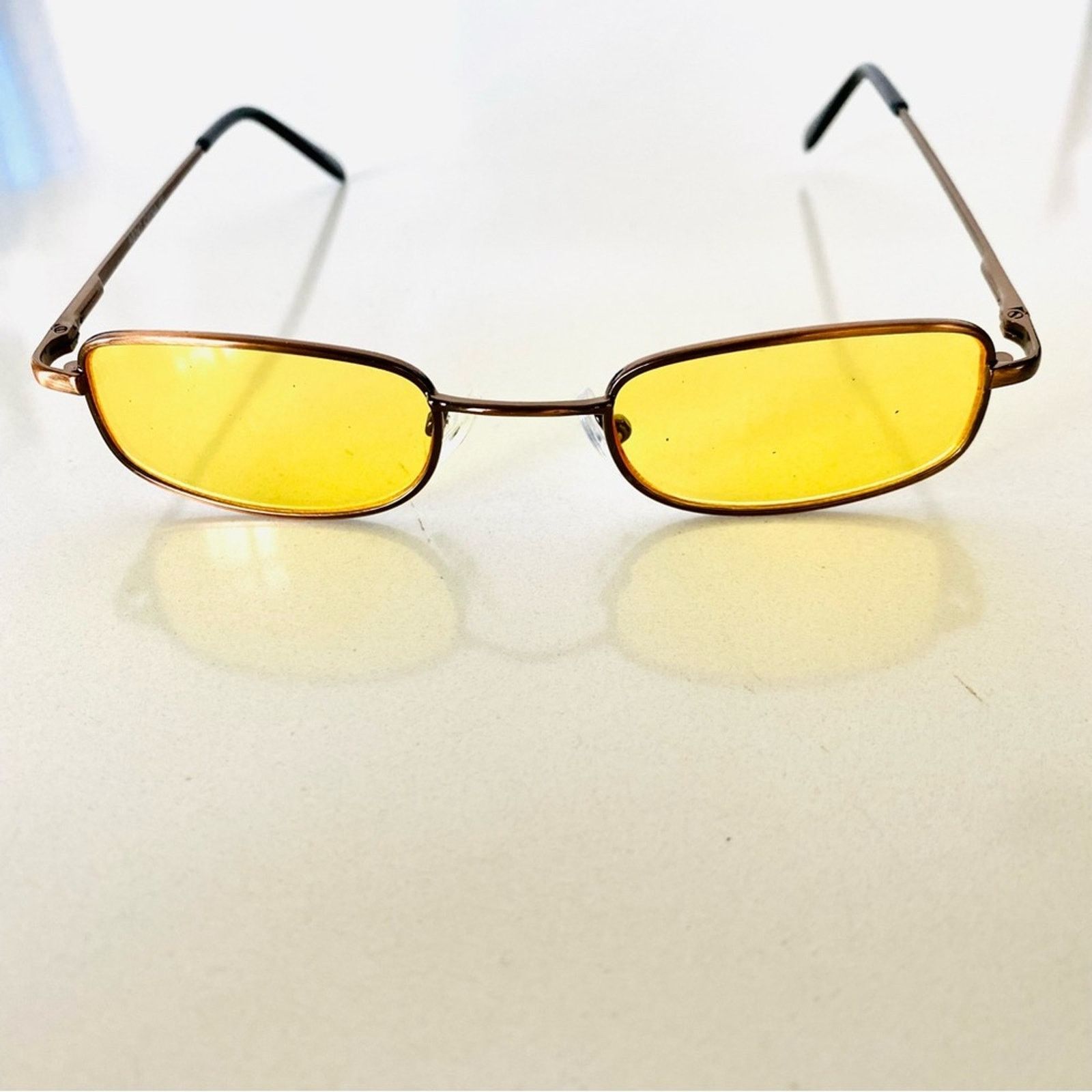 VINTAGE Y2K 90s Bronze Metal Square Yellow Mini Sunglasses Unisex Sunnies VINTAGE Y2K 90s Bronze Metal Square Yellow Mini Sunglasses  main image 2