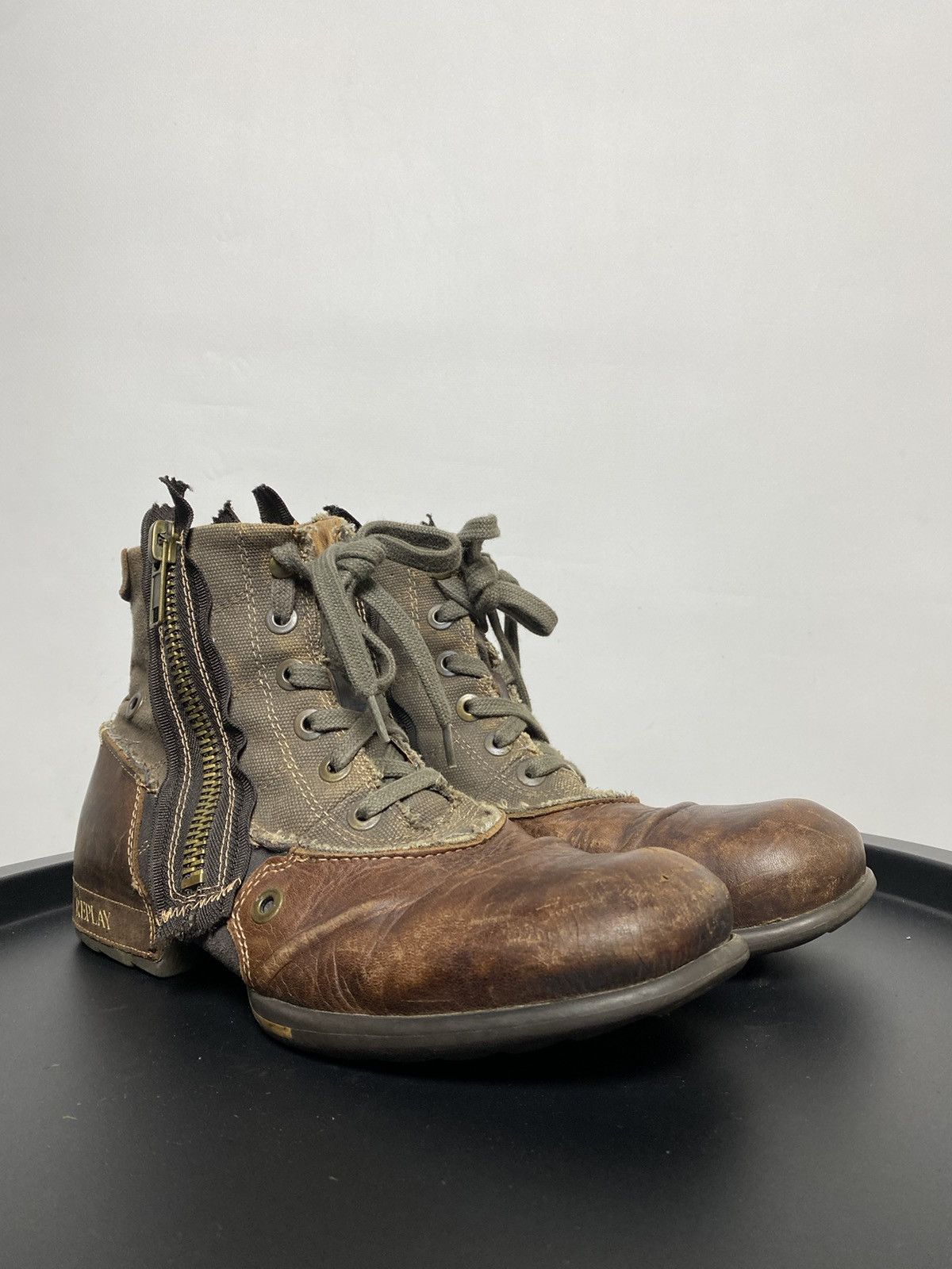 Replay × Vintage Replay Double Zip Distress Leather Boots As98 LGB Rick Vibe Size US 8 / EU 41 - 7 Thumbnail
