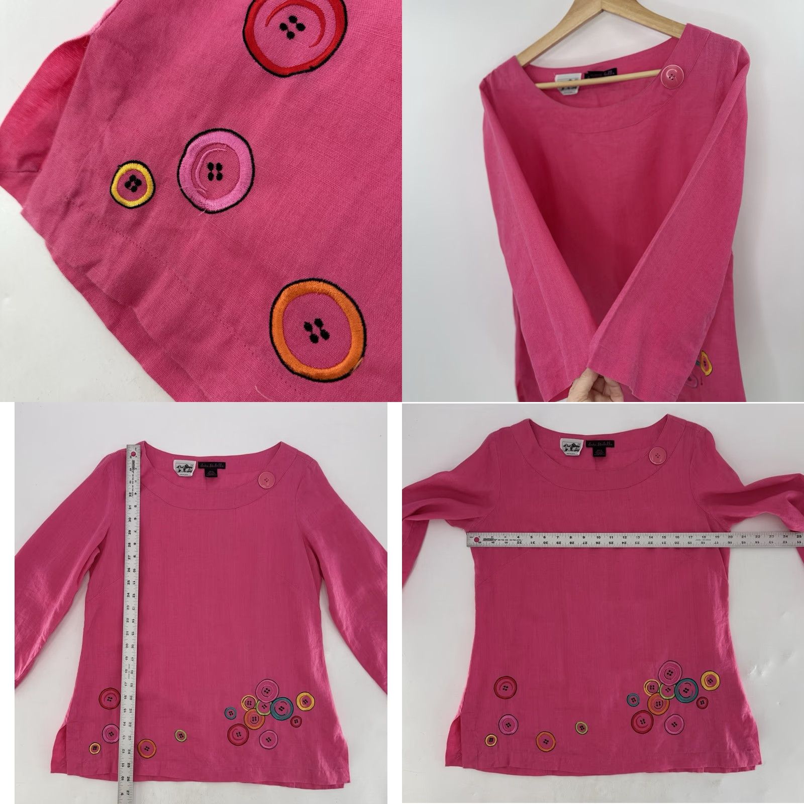 Vintage VINTAGE? No — Sara Isabella Pink Blouse Tunic 100% Irish Linen Embroidered Buttons Scoop Neck Long Sleeve Women's 10 Bohemian Modern Size L / US 10 / IT 46 - 8 Thumbnail
