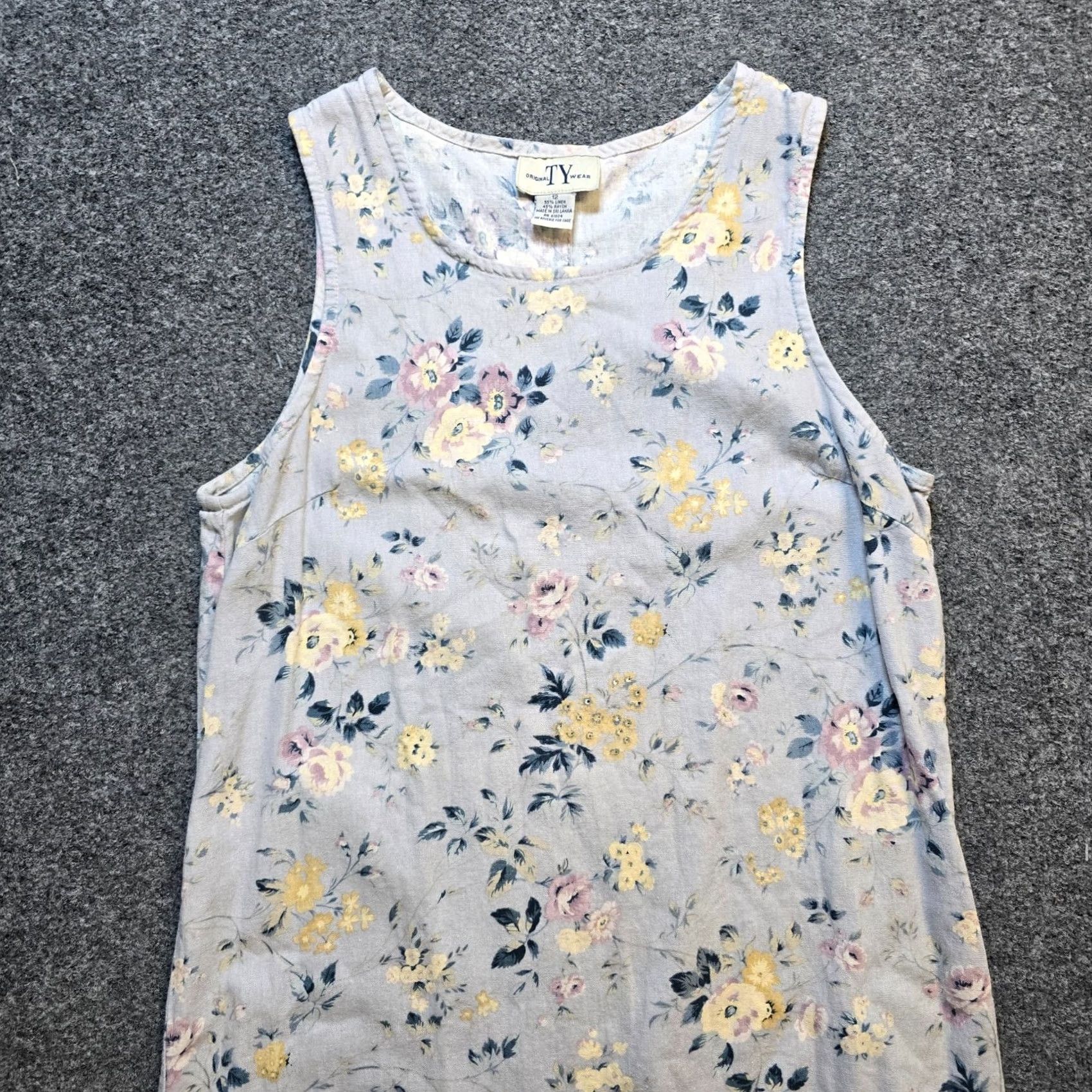 Vintage TY Original Wear Dress Womens 12 Gray Floral Linen Midi Sleeveless Round Neck Sheath Cottage Prairie Casual Party/Cocktail Business Weeks? Size XL / US 12-14 / IT 48-50 - 2 Thumbnail