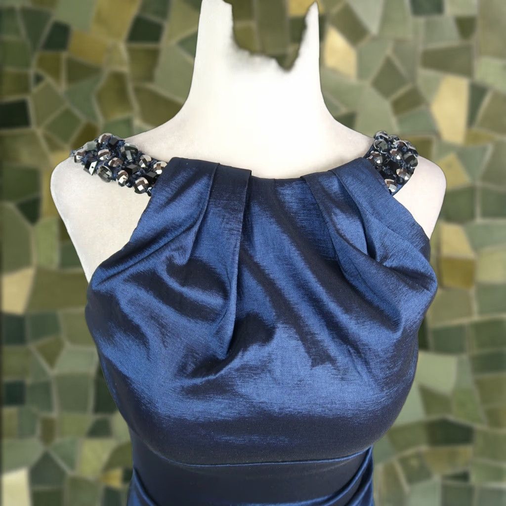 Vintage VINTAGE 90s Xscape Navy Blue Shiny Ruched Dress Cocktail Beaded Rhinestone Sequin Halter Knee Length Zip Front Back Womens Size 4 Size S / US 4 / IT 40 - 1 Thumbnail