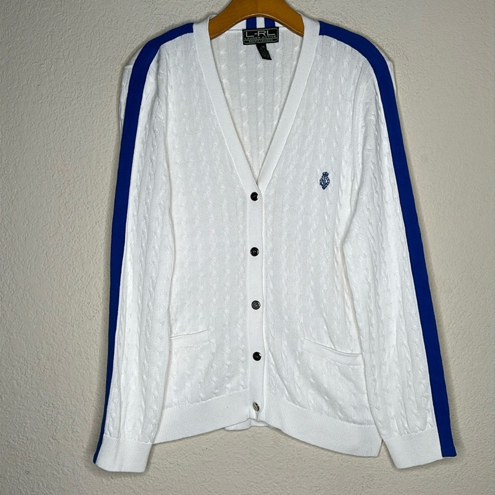 Lauren Ralph Lauren × Vintage VTG Ralph Lauren Cable Knit White Blue Logo Sweater XL Size XL / US 12-14 / IT 48-50 - 2 Thumbnail