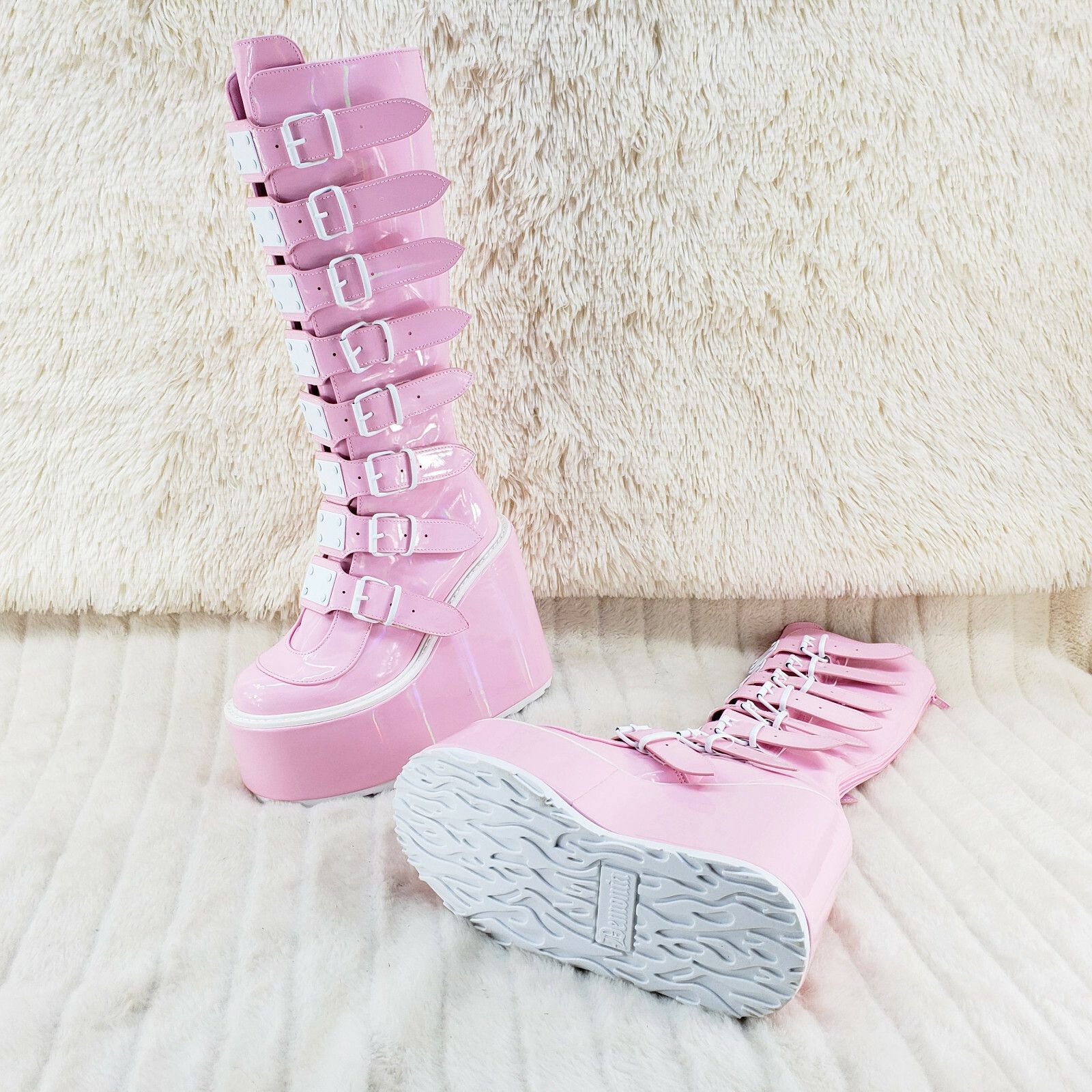Demonia Cult DEMONIA Trinity Swing 815 Pink Hologram Patent Goth Knee Boo Size US 7 / IT 37 - 8 Thumbnail