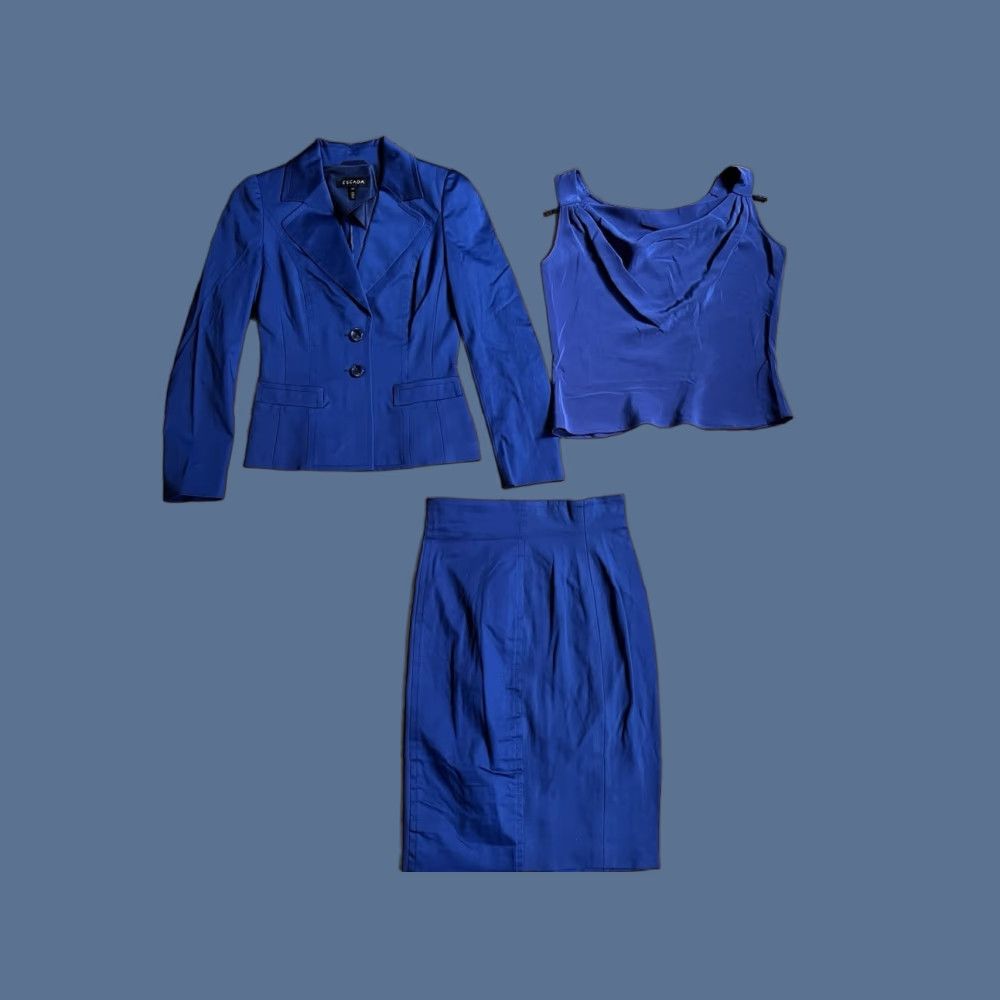 Escada VINTAGE Escada Skirt Suit Women’s 3 Piece Blazer Blouse Skirt Blue 34 Size 24" / US 00 / IT 34 - 1 Thumbnail