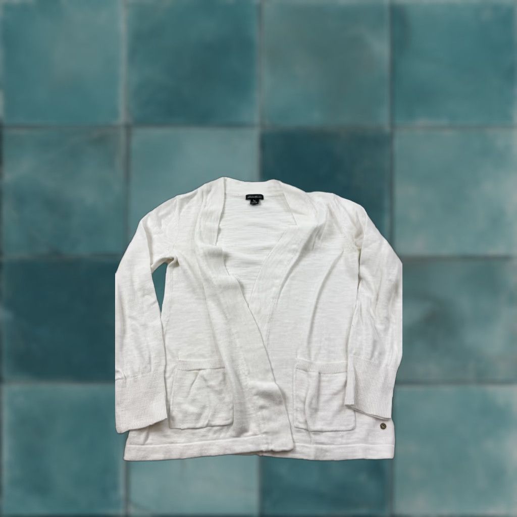 Eddie Bauer Eddie Bauer Sweater Cardigan Womens Medium White Open Front 100% Cotton Knit Knit Open Front Pockets Logo Bird 100% Cotton Mens? Size M / US 6-8 / IT 42-44 - 1 Thumbnail
