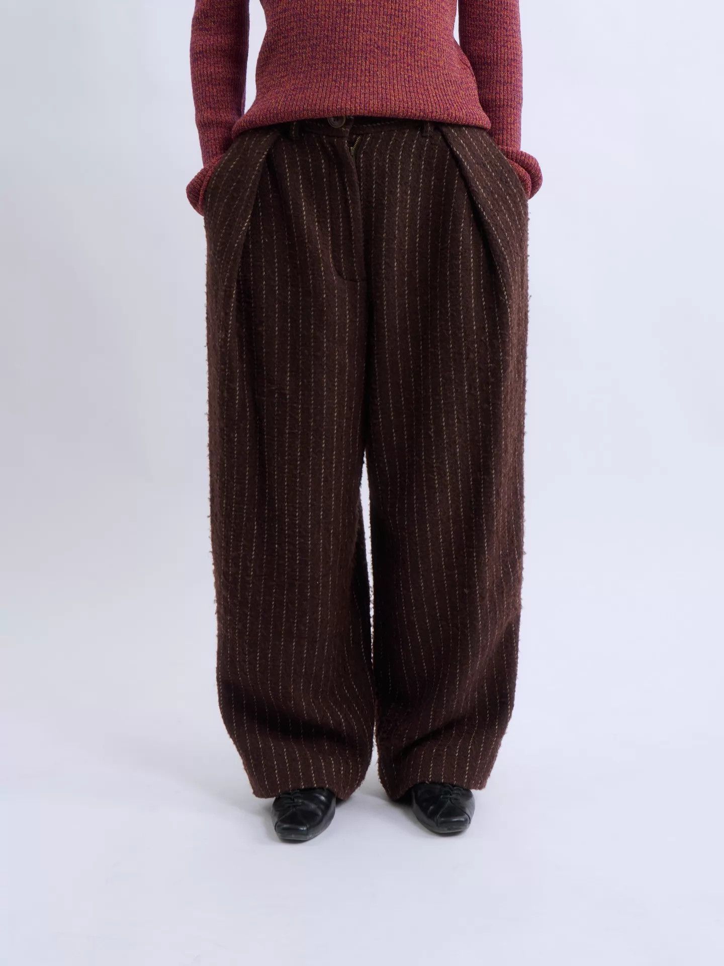Vivienne Westwood Vivienne Westwood 00s RL Burgundy Wool Stripe Wide-Leg Size 25" / US 0 / IT 36 - 1 Thumbnail