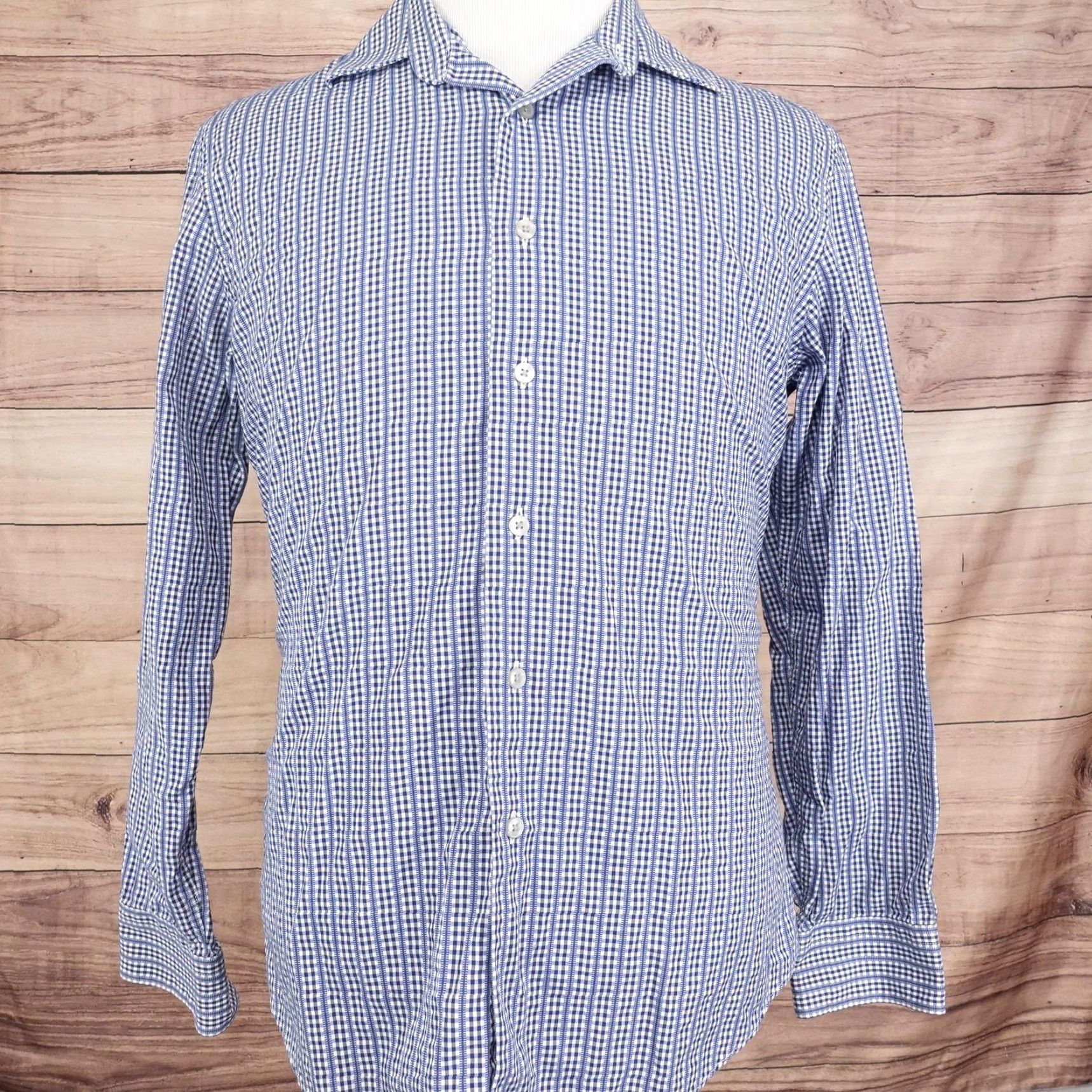 Apt. 9 APT 9 Button-Up Shirt Mens Medium Blue White Check Long Sleeve Cotton Classic Size US M / EU 48-50 / 2 - 3 Thumbnail