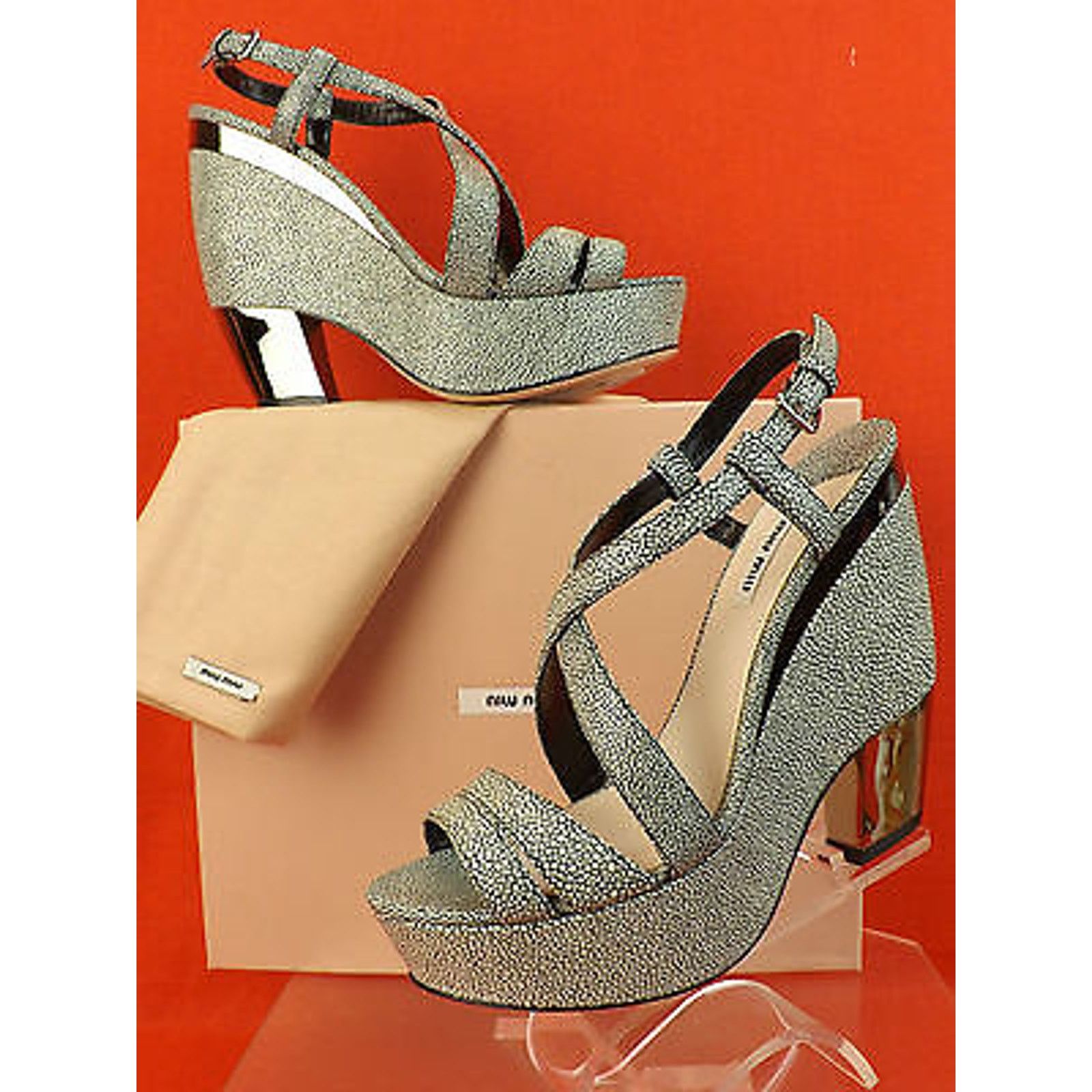 Miu Miu STINGRAY PEBBLE LEATHER METAL HEEL PLATFORM SANDALS 41 $750 Size US 11 / IT 41 - 1 Thumbnail
