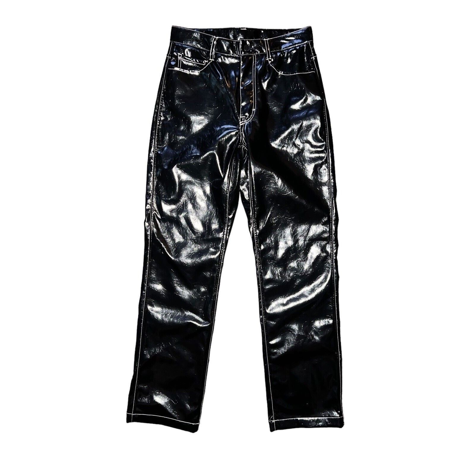 H&M Womens H&M Faux Leather Straight Pants Black W/ White Seams Size 28" / US 6 / IT 42 - 1 Thumbnail