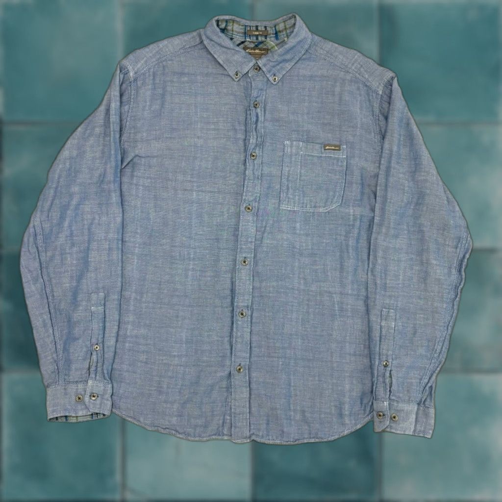 Eddie Bauer VINTAGE Eddie Bauer Blue Chambray Mens XL Plaid Lined Long Sleeve Button Down Shirt Size US XL / EU 56 / 4 - 1 Thumbnail