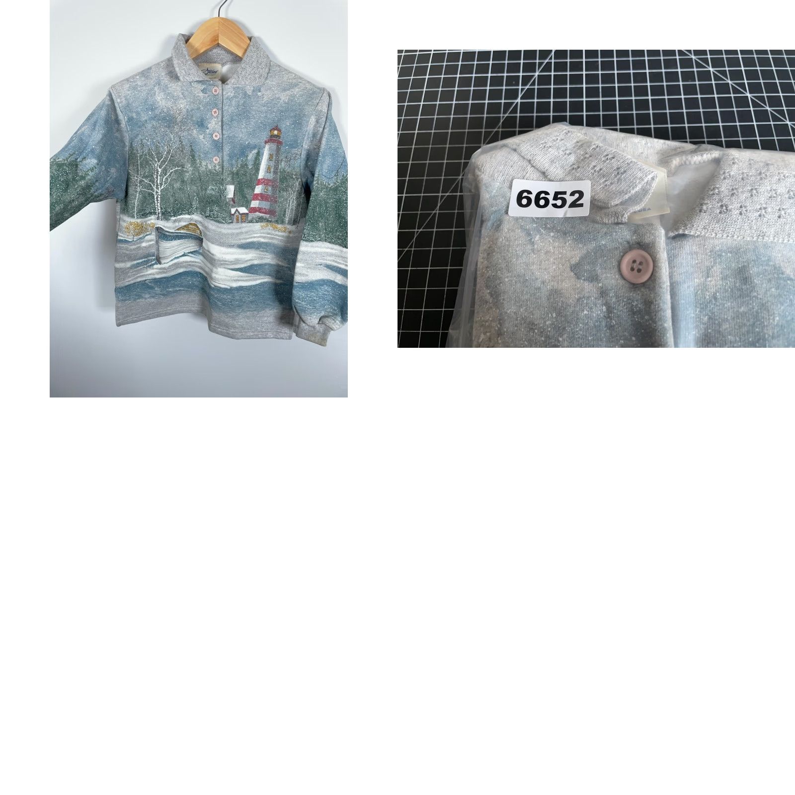 Vintage VINTAGE Artisan's Sweatshirt Women's Small AOP All Over Print 90s Scenic Lighthouse Geometric Print Cap Collared Pullover Navy Gray/Multi Size S / US 4 / IT 40 - 9 Thumbnail