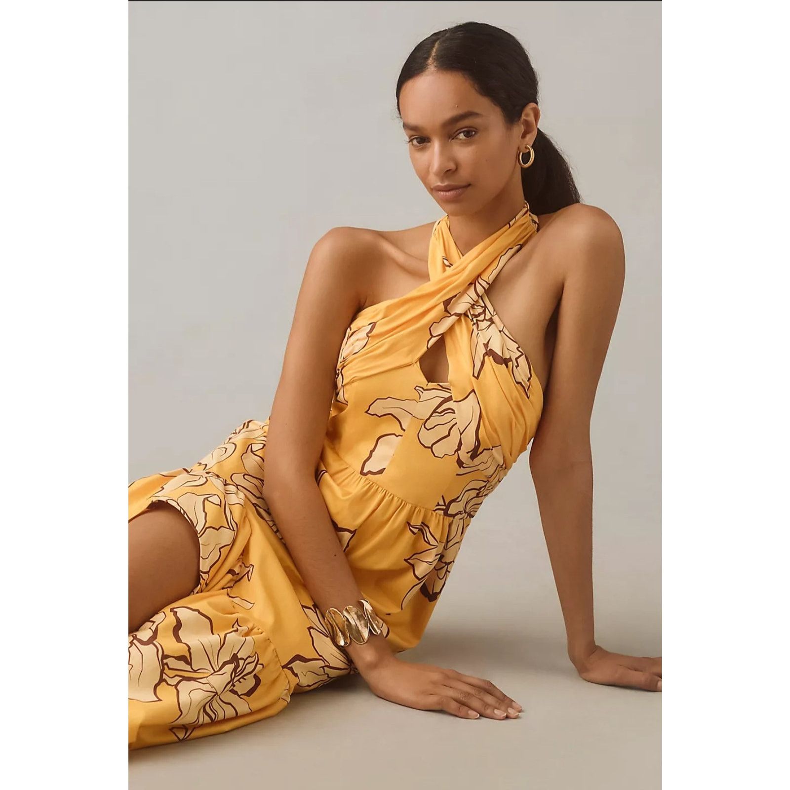 Anthropologie NWT Hutch Floral Halter Maxi Dress $298 SIZE 10 Maize Size L / US 10 / IT 46 - 1 Thumbnail