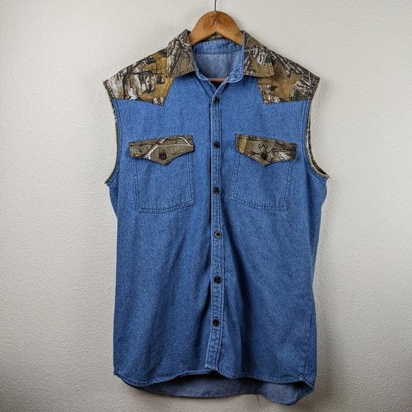 Other 90s Guide Gear Denim Blue Camo Vest Button Up Size Medium Grailed