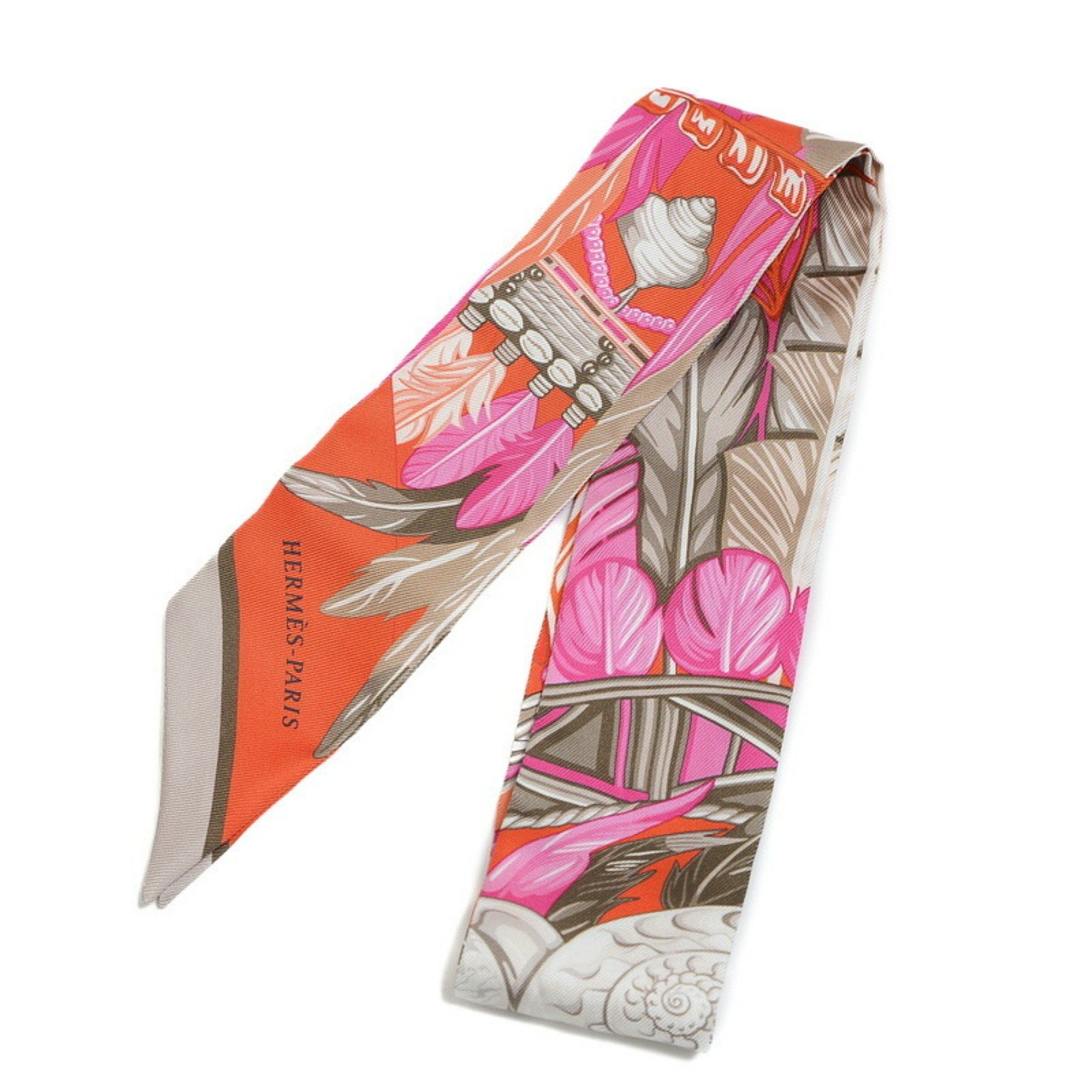 image of Hermes Twilly Scarf Dance Pacific Orange Fuchsia Khaki Silk, Women's