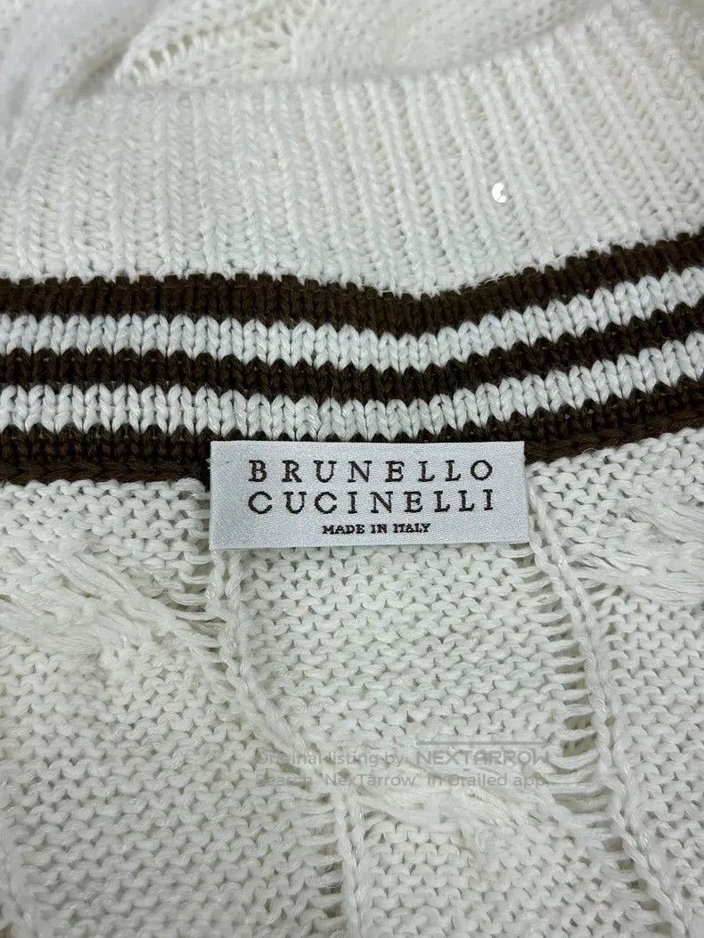Brunello Cucinelli Brunello Cucinelli White Sequin V-Neck Knit Top Sweater Lo Size L / US 10 / IT 46 - 5 Thumbnail