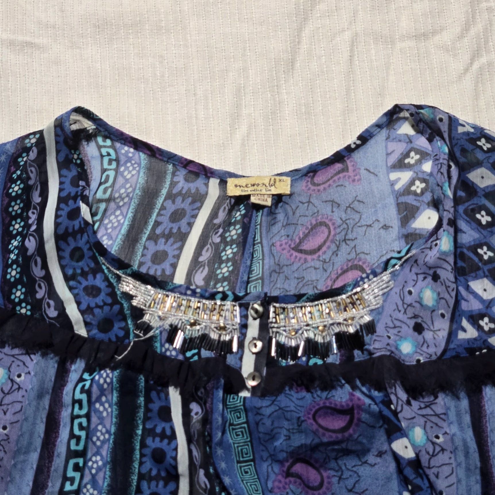 Vintage VINTAGE One World Shirt Women XL Blue Paisley Sheer Short Sleeve Blouse Women's Size XL / US 12-14 / IT 48-50 - 2 Thumbnail