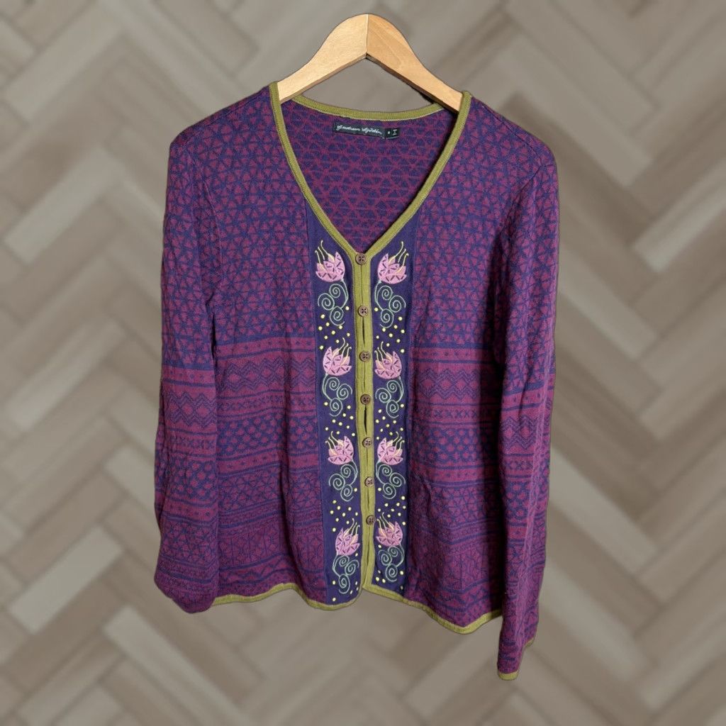 Vintage Gudrun Sjoden Cardigan Sweater Purple Geometric Embroidered Open Vintage Not Size M / US 6-8 / IT 42-44 - 1 Thumbnail