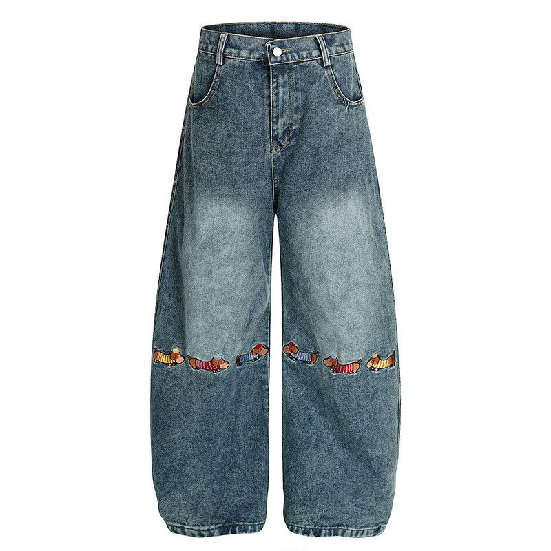 Jean Retro dachshund embroidered washed curved jeans for men Size US 34 / EU 50 - 1 Thumbnail