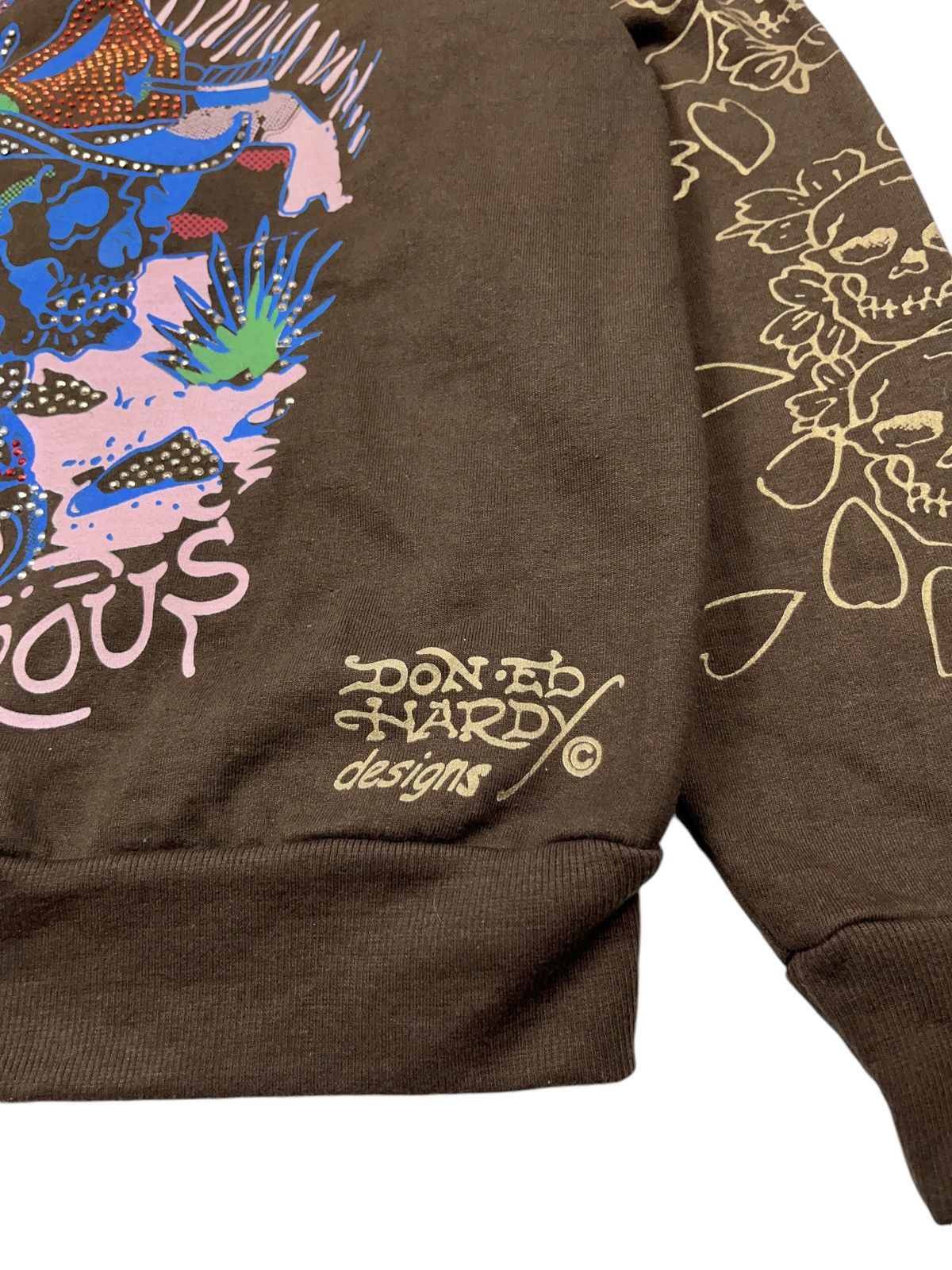 Christian Audigier × Ed Hardy × Vintage Vintage y2k Ed Hardy Brown Zip Hoodie with Rhinestones Size S / US 4 / IT 40 - 7 Thumbnail