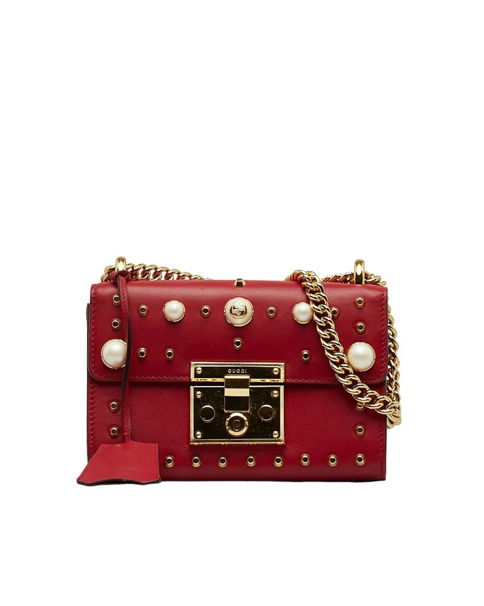 image of Gucci Small Studded Leather Padlock Shoulder Bag in Red, Women's