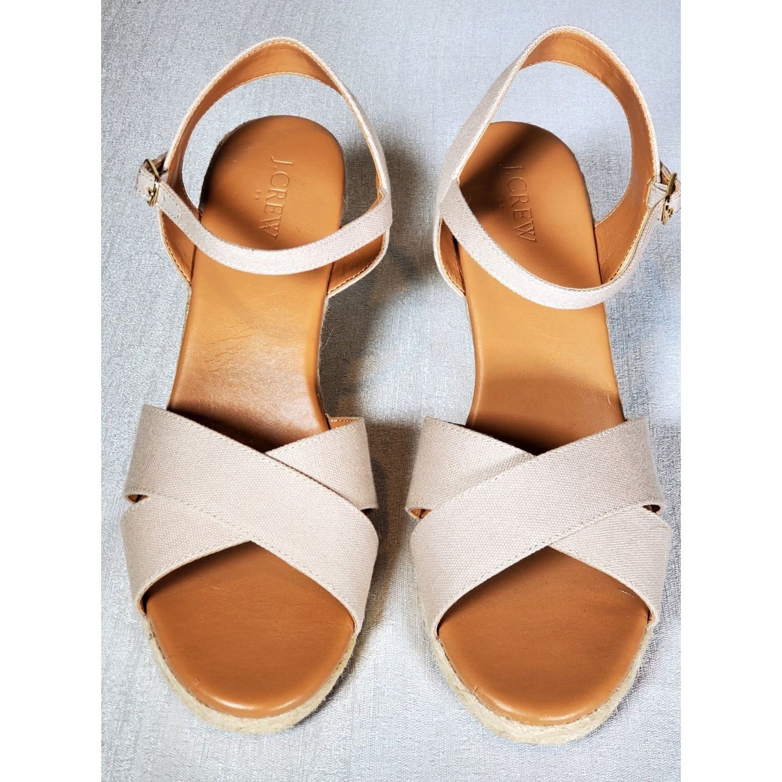 J.Crew J.CREW Beige Canvas Peep Toe Wedge Sandals Espadrille Women's Size US 9.5 Size US 10 / IT 40 - 3 Thumbnail