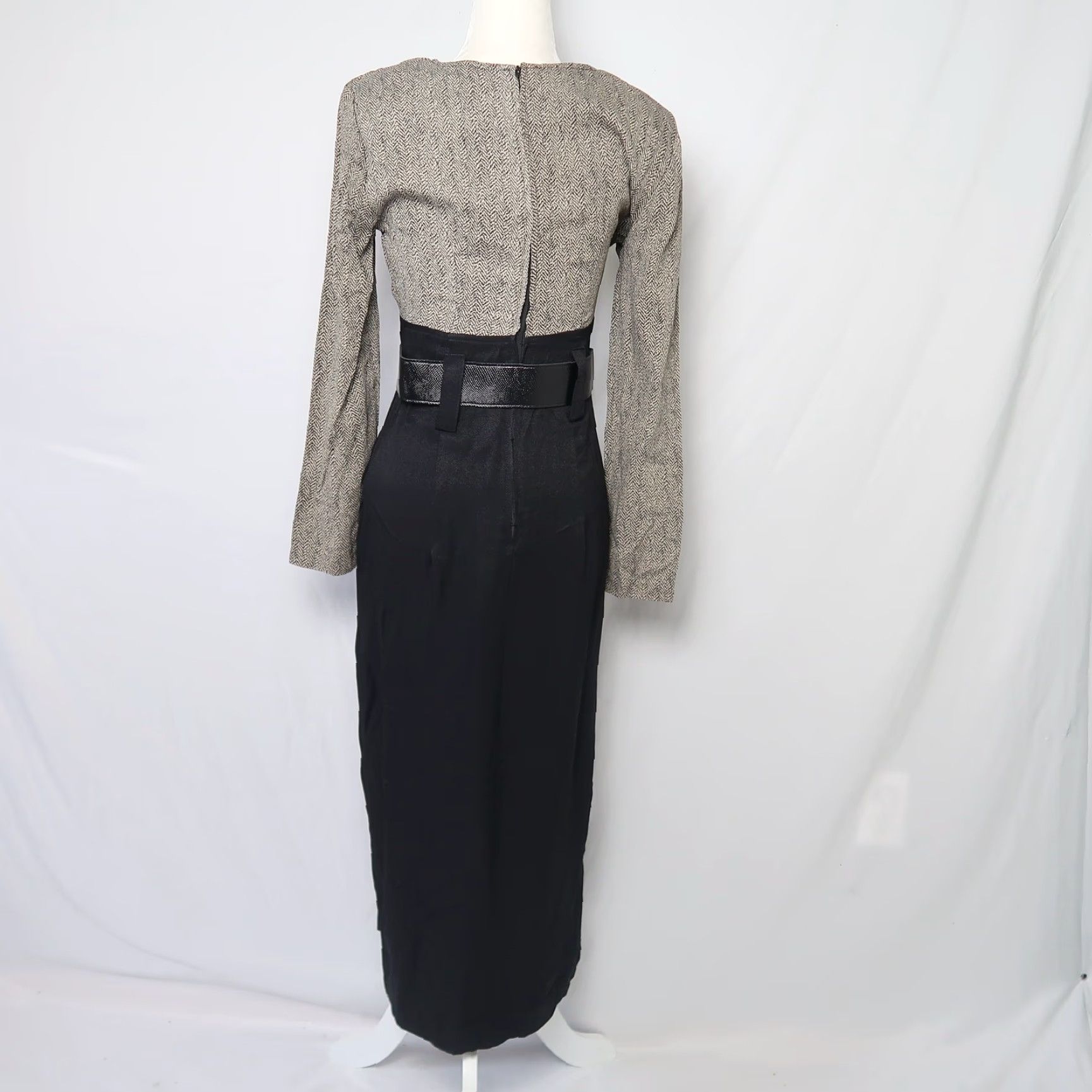 Vintage VINTAGE All That Jazz Dress 80s Herringbone Long Sleeve Midi Black Tan 6 Women Size M / US 6-8 / IT 42-44 - 4 Thumbnail