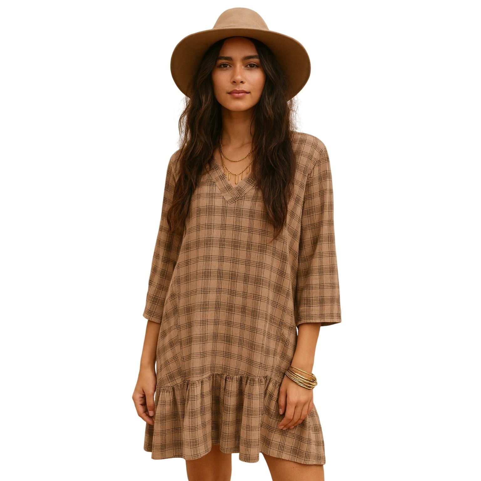 Other Wrap London Brown Plaid Linen Midi Dress Lagen Boho Size L / US 10 / IT 46 - 1 Thumbnail