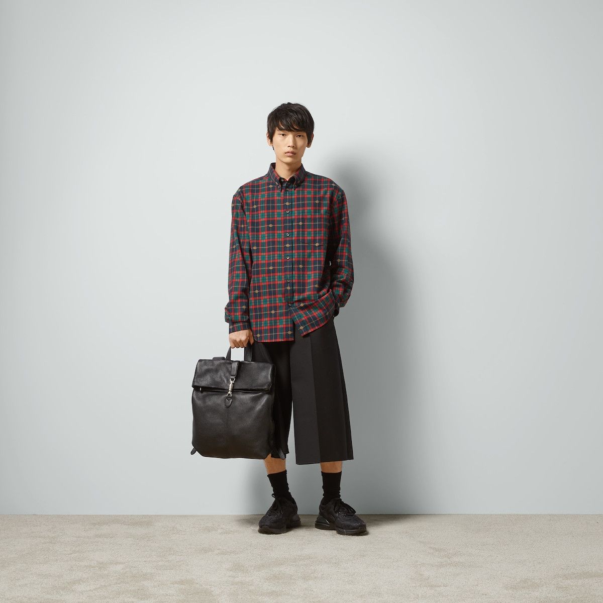 46 S Gucci Tartan GG Plaid Long Sleeve Shirt Green Blue