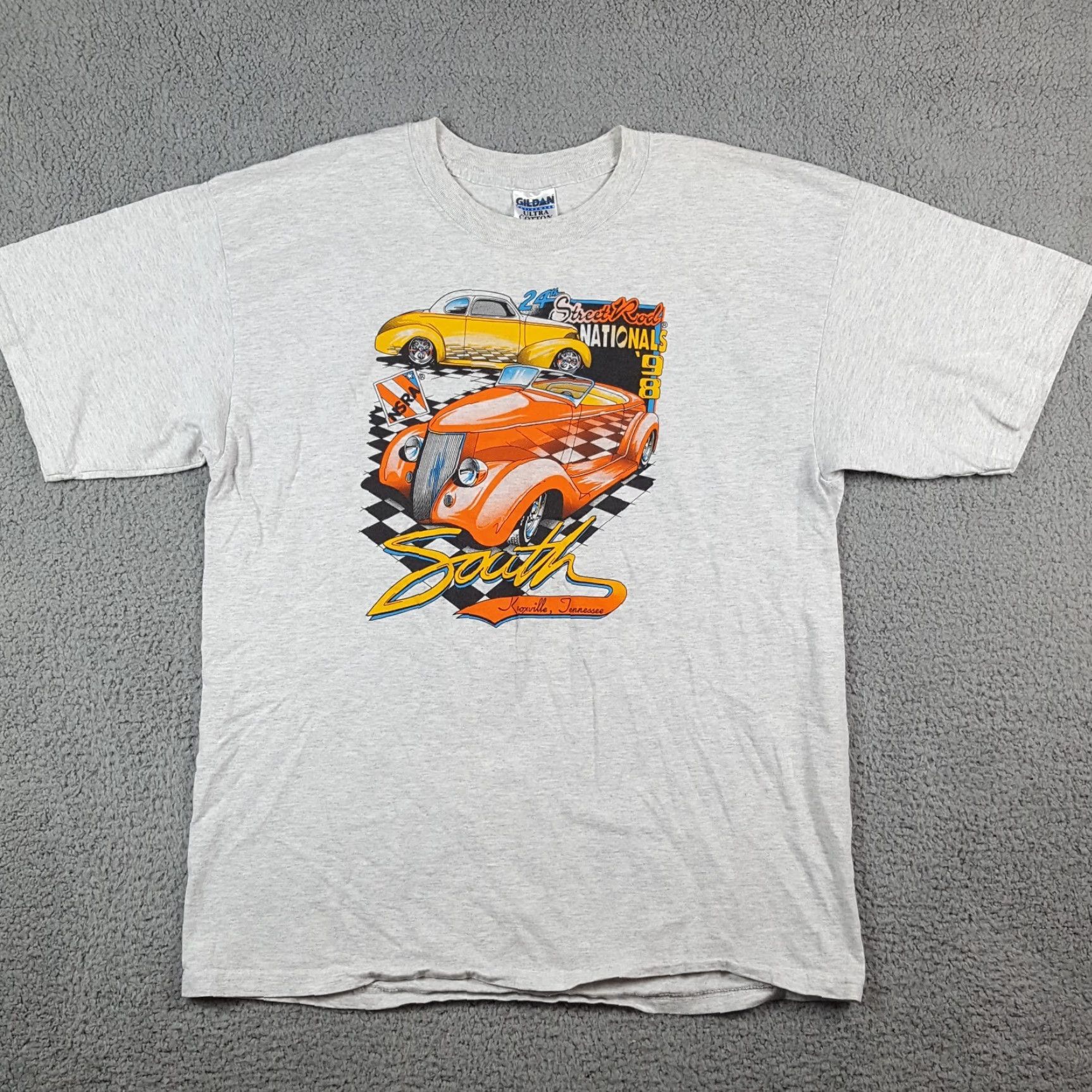 Gildan Vintage NSRA 90s Street Rod Classic Car Show Mens XL Hot Rod NASCAR T Shirt Gray Cotton Embroidered Logo Short Sleeve Crew Neck Gildan Size US XL / EU 56 / 4 - 2 Thumbnail