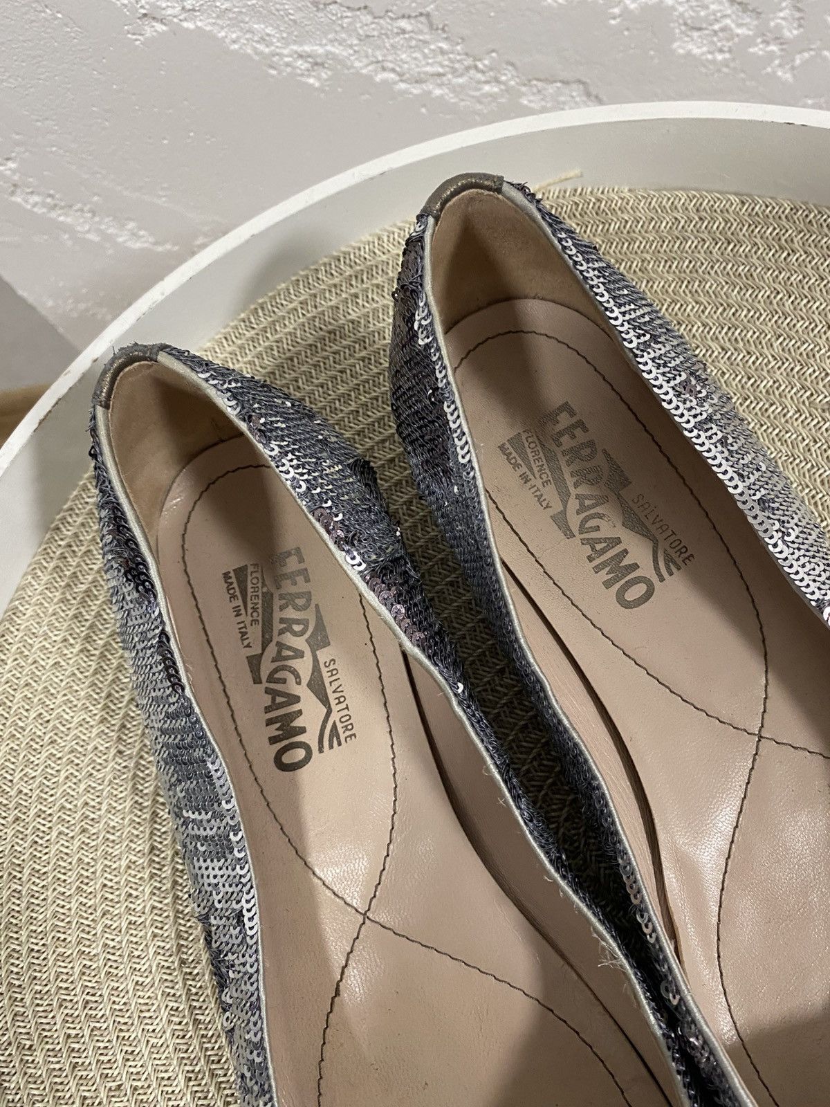 Salvatore Ferragamo Salvatore Ferragamo Varina Vara Sequin Silver Ballet Flats Size US 9 / IT 39 - 2 Thumbnail
