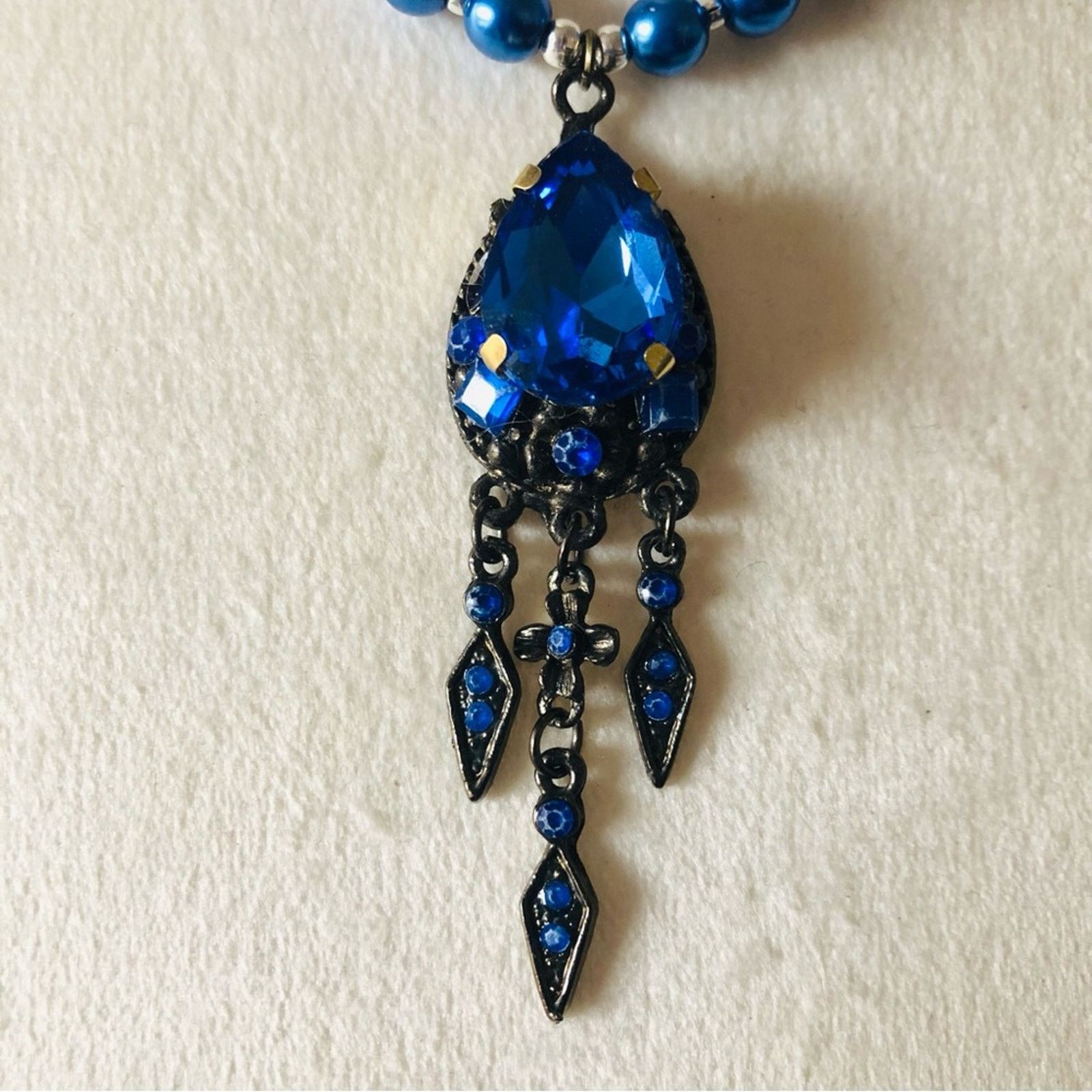 Handmade Handcrafted repurpose royal blue pendant Pearl necklace Size ONE SIZE - 7 Thumbnail