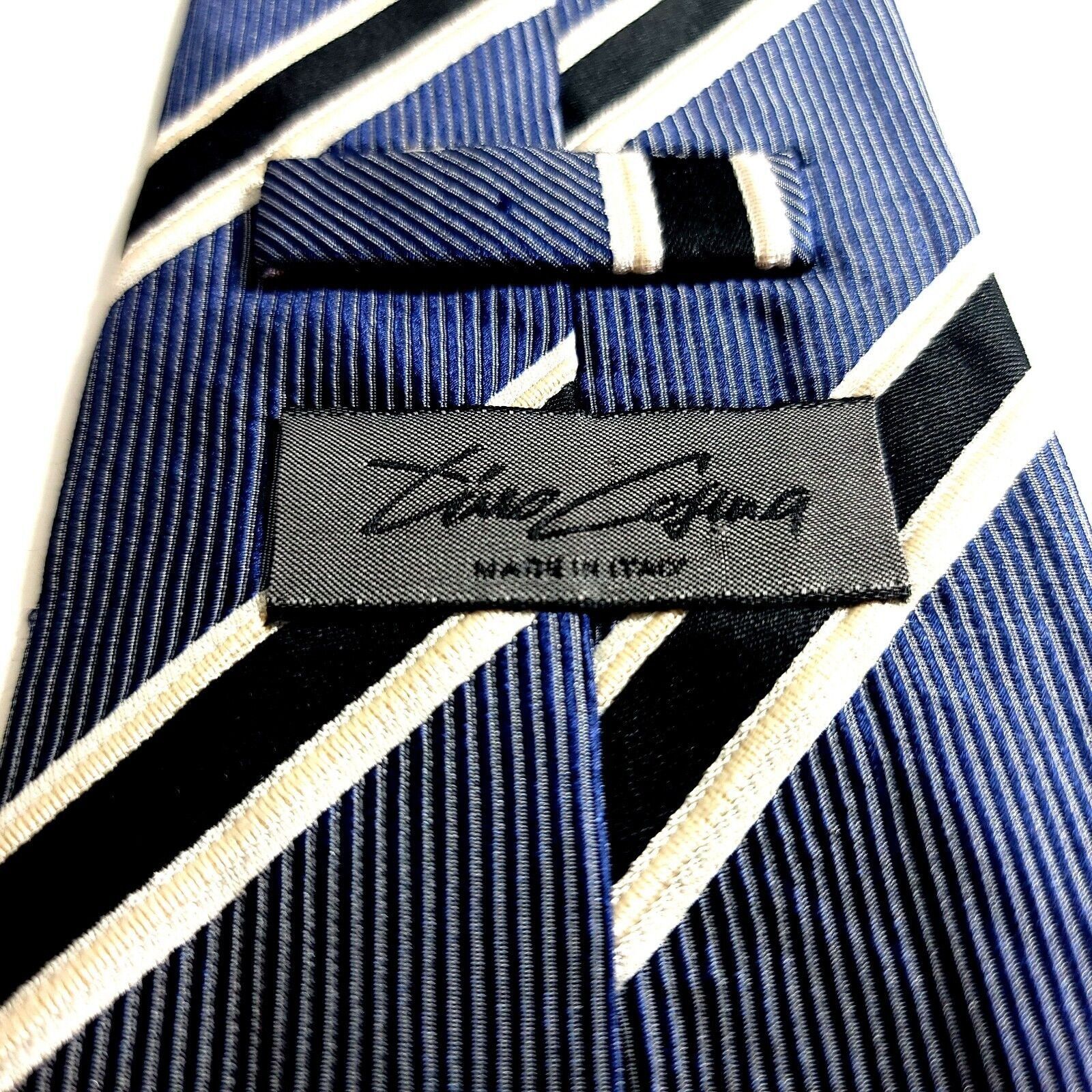 Designer Timo Cojuna Woven Blue Black Cream Striped Woven Tie Size ONE SIZE - 3 Thumbnail