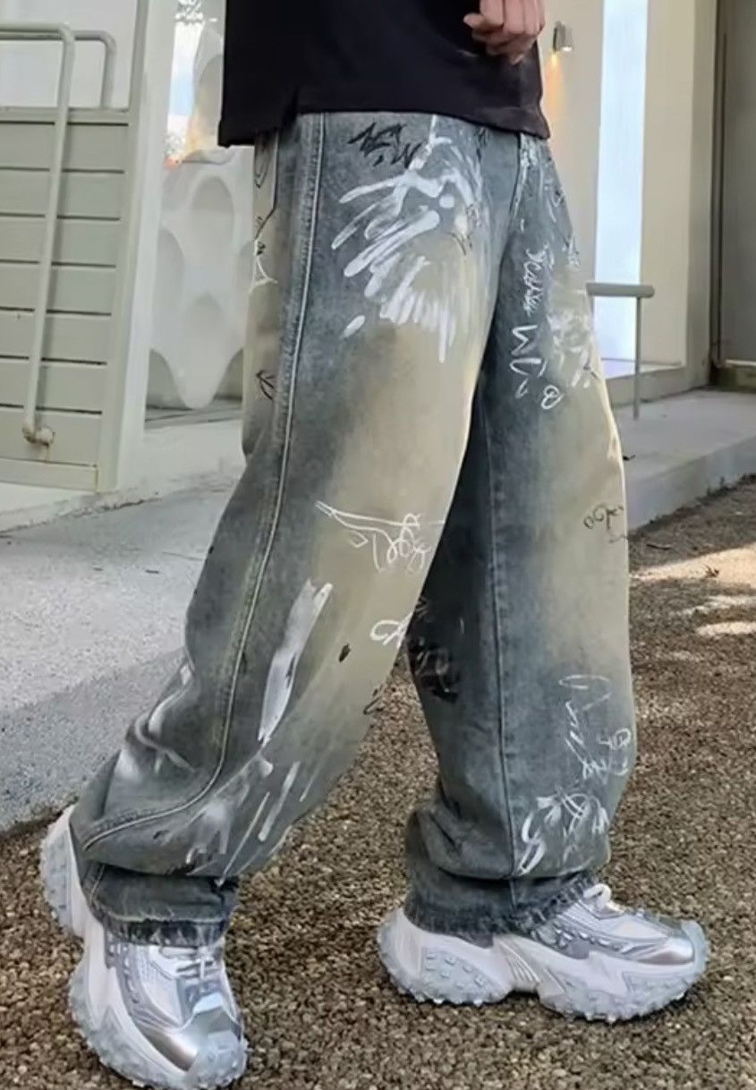 Jean Graffiti-Print Wide-Leg Denim Pants | Oversized Streetwear Size US 27 - 2 Thumbnail