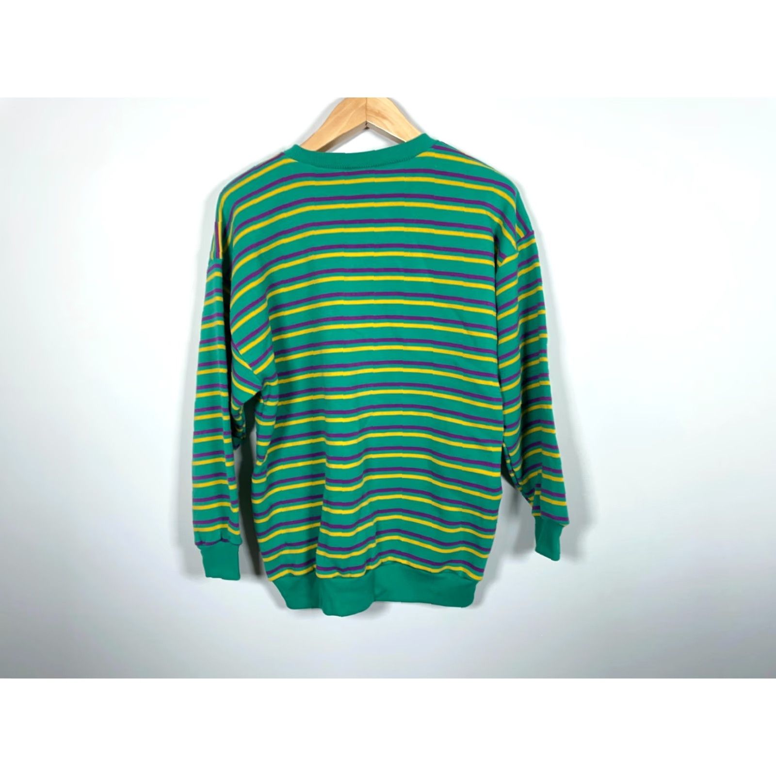 Vintage VINTAGE 90s Striped Pattern Sweatshirt Upper Level Men Green Purple Yellow Crewneck Pockets Large Shirt Pullover Size US L / EU 52-54 / 3 - 2 Thumbnail