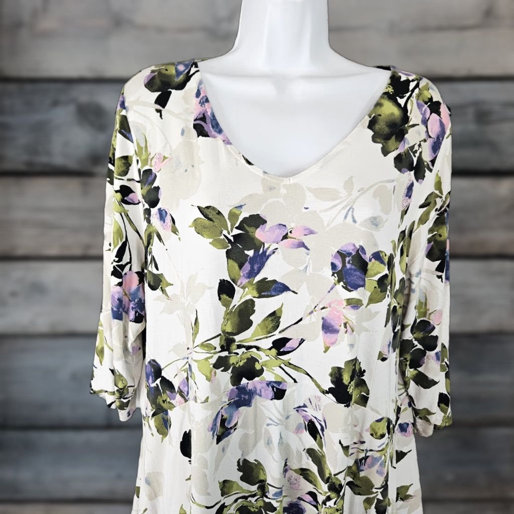J. Jill J Jill Wearever Collection Top Large Purple Green Floral 3/4 Sleeve Blouse Womens Size L / US 10 / IT 46 - 1 Thumbnail