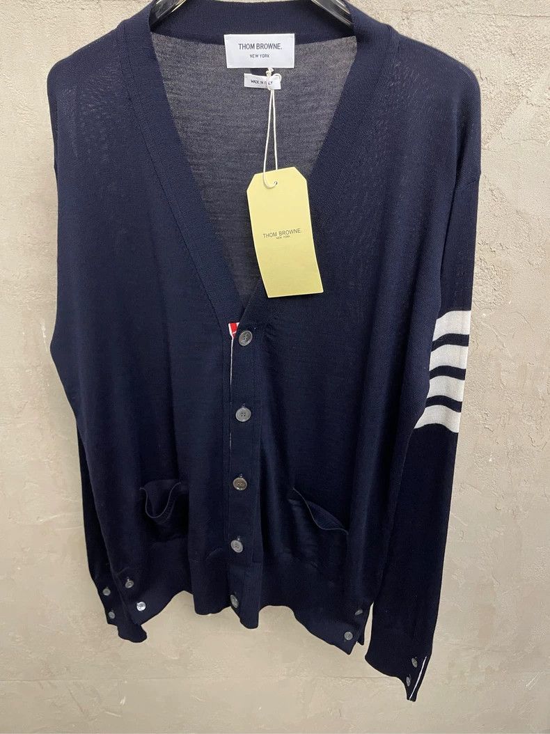 Thom Browne Thom browne Dark blue four-striped wool knitted cardigan 25 Size US XL / EU 56 / 4 - 3 Thumbnail