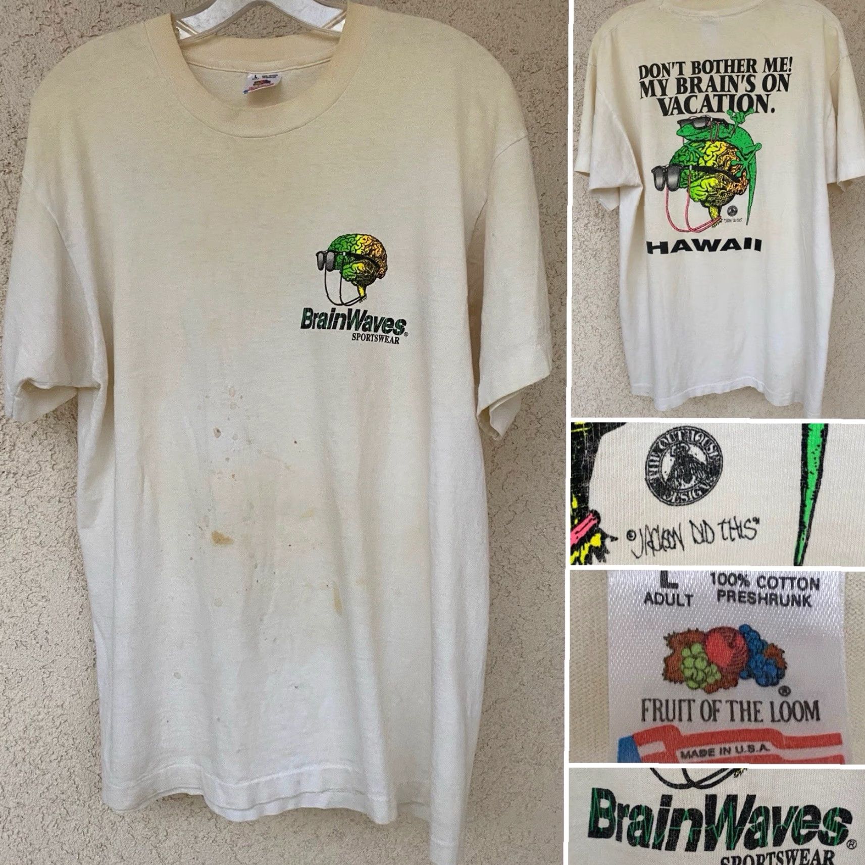 Fruit Of The Loom VINTAGE Brainwaves Hawaii Gecko T Shirt Mens L White Neon 90s Graphic Size US L / EU 52-54 / 3 - 5 Thumbnail
