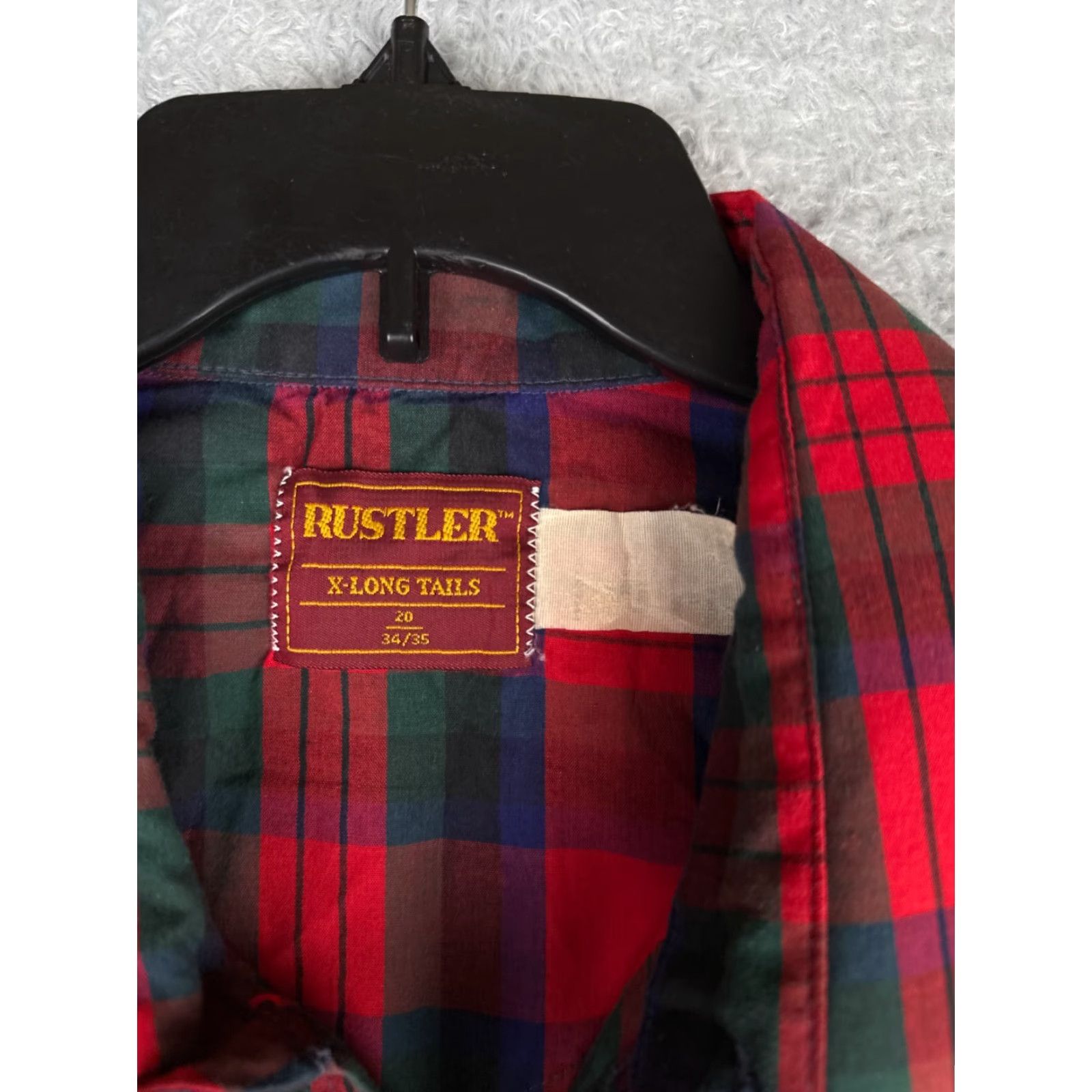 Vintage Rustler Shirt Mens 20 Red Plaid Long Sleeve X-Long Button-Up Cowboy Western American Mens Size US XXL / EU 58 / 5 - 7 Thumbnail