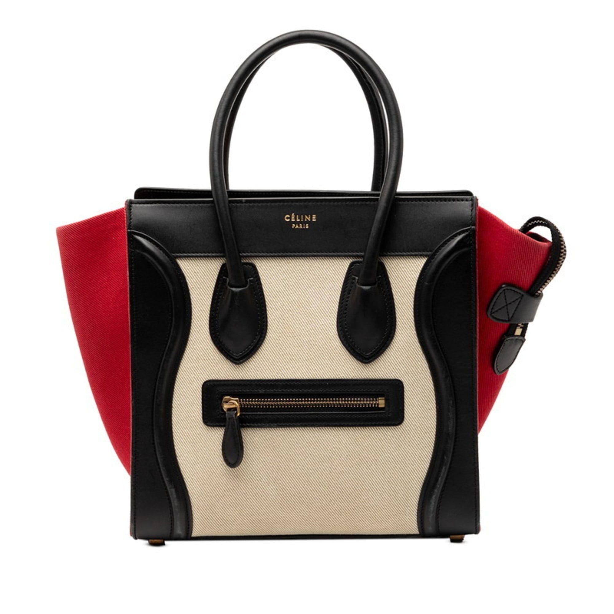 Celine Luggage Micro Shopper Tricolor Handbag, Beige, Black, Red, Canvas, Leather, Women's Celine
