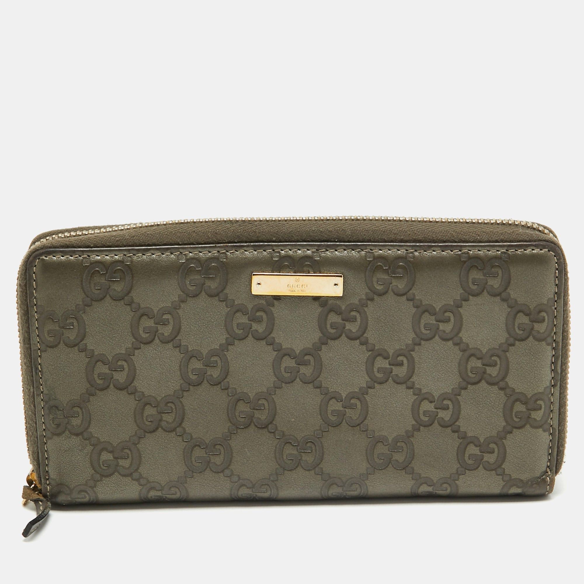 image of Gucci Olive Green Ssima Leather Zip Around Continental Wallet, Women's