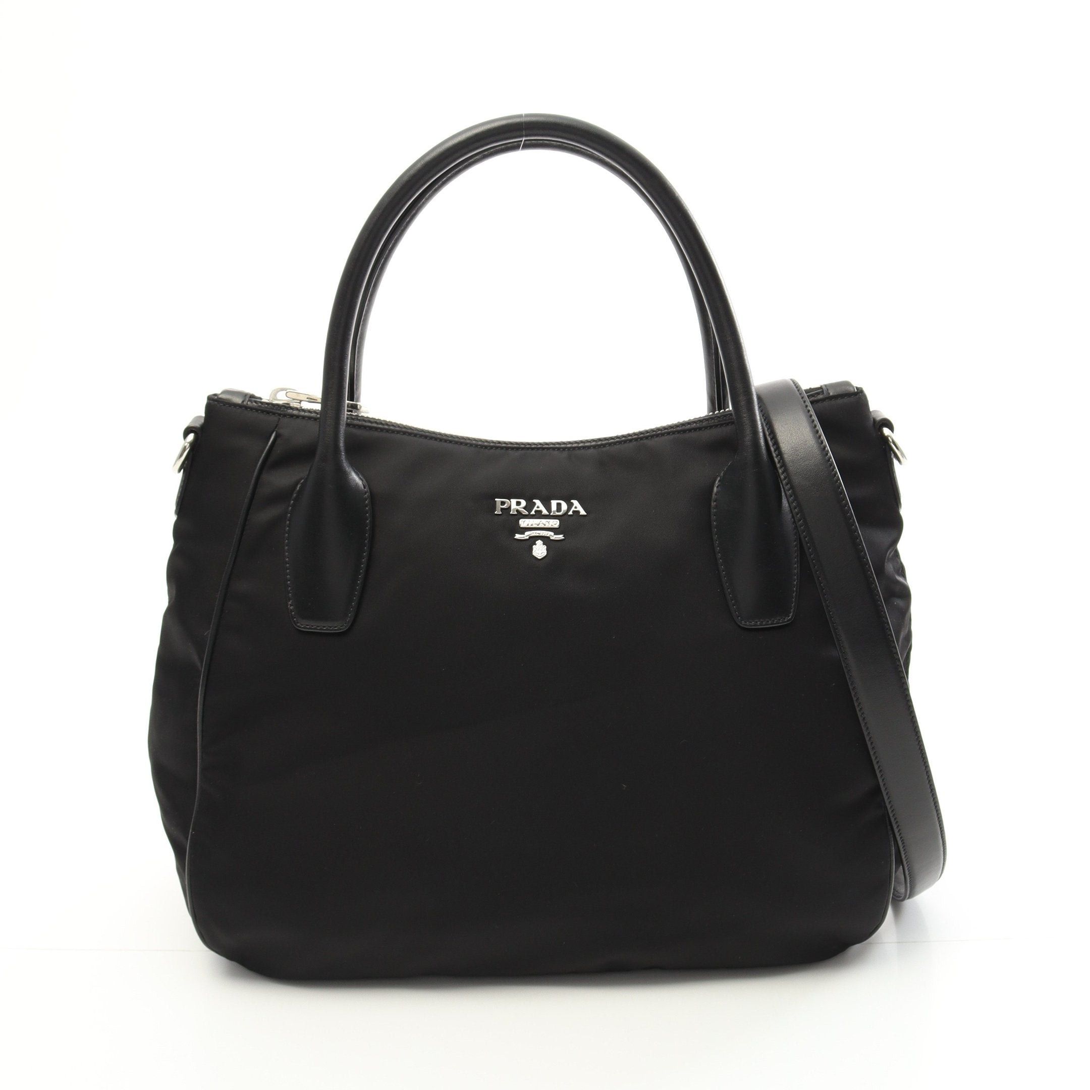Prada Tessuto Soft Calf Handbag Tote Bag Nylon Leather Black, Women's