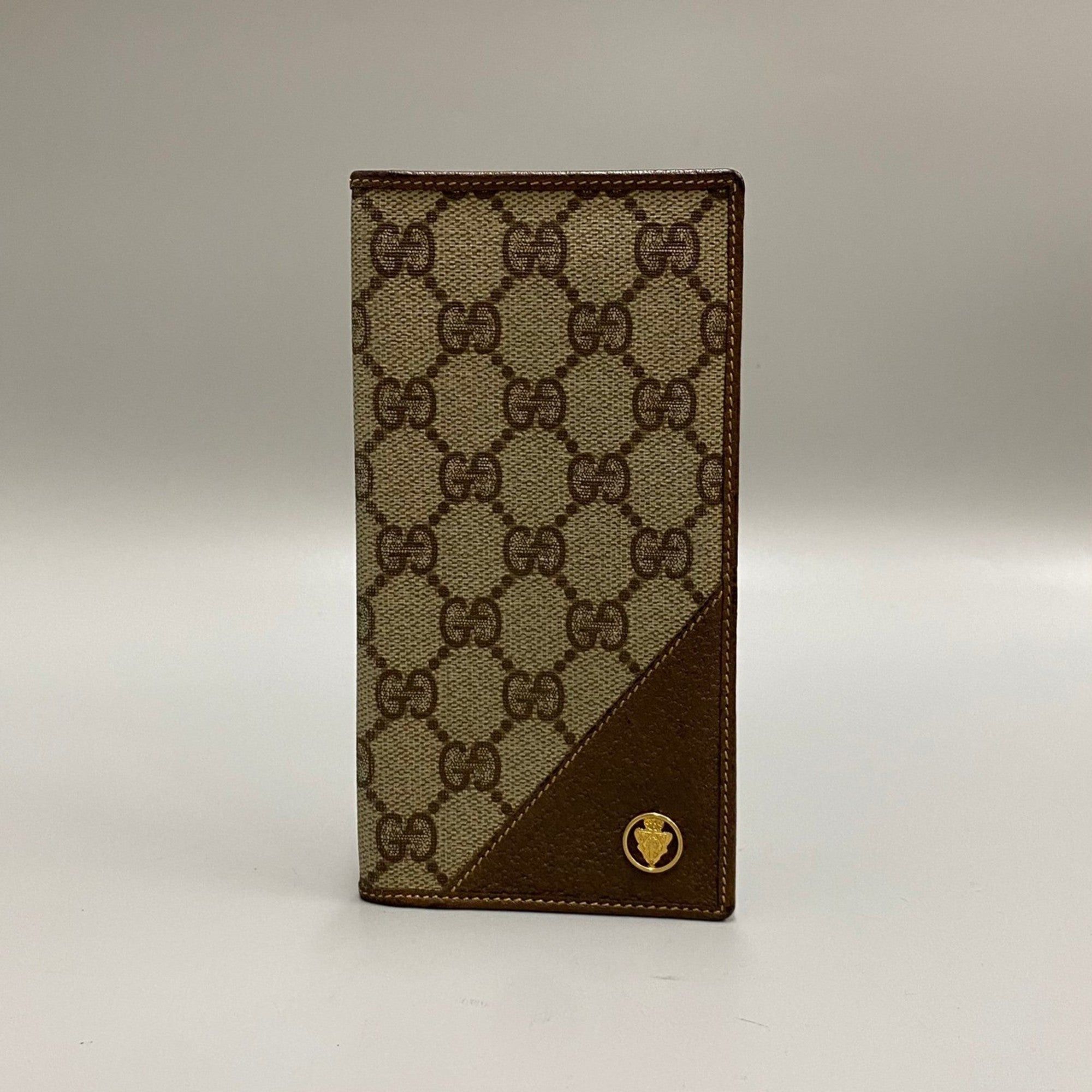 image of Gucci Old Vintage Crest Pattern GG Logo Leather Genuine Bifold Long Wallet Billfold Brown, Women's